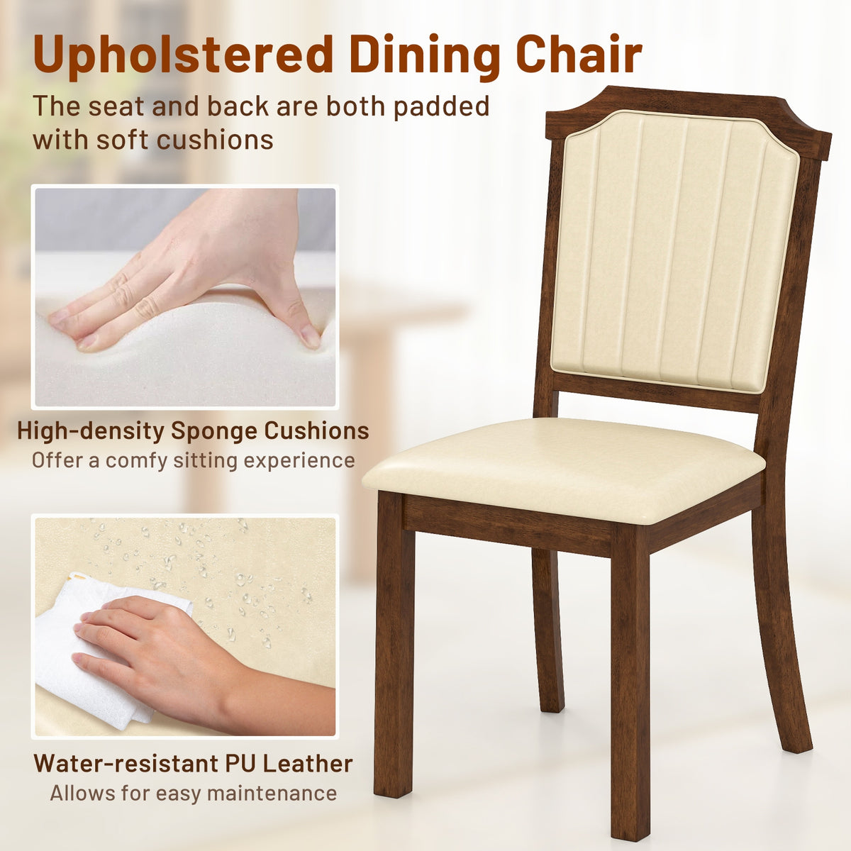 Dining Chair Set of 2 with PU Leather and Rubber Wood Frame-Brown-Dining Chairs-DECOROLALA