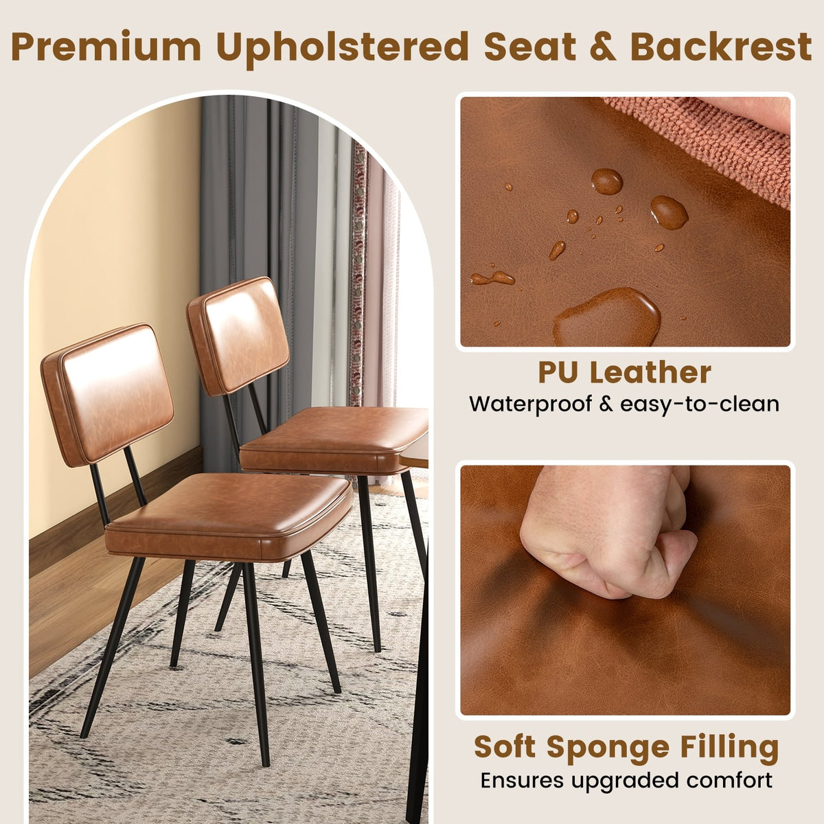 Dining Chair Set of 2 with Padded Backrest and Seat-Brown-Dining Chairs-DECOROLALA