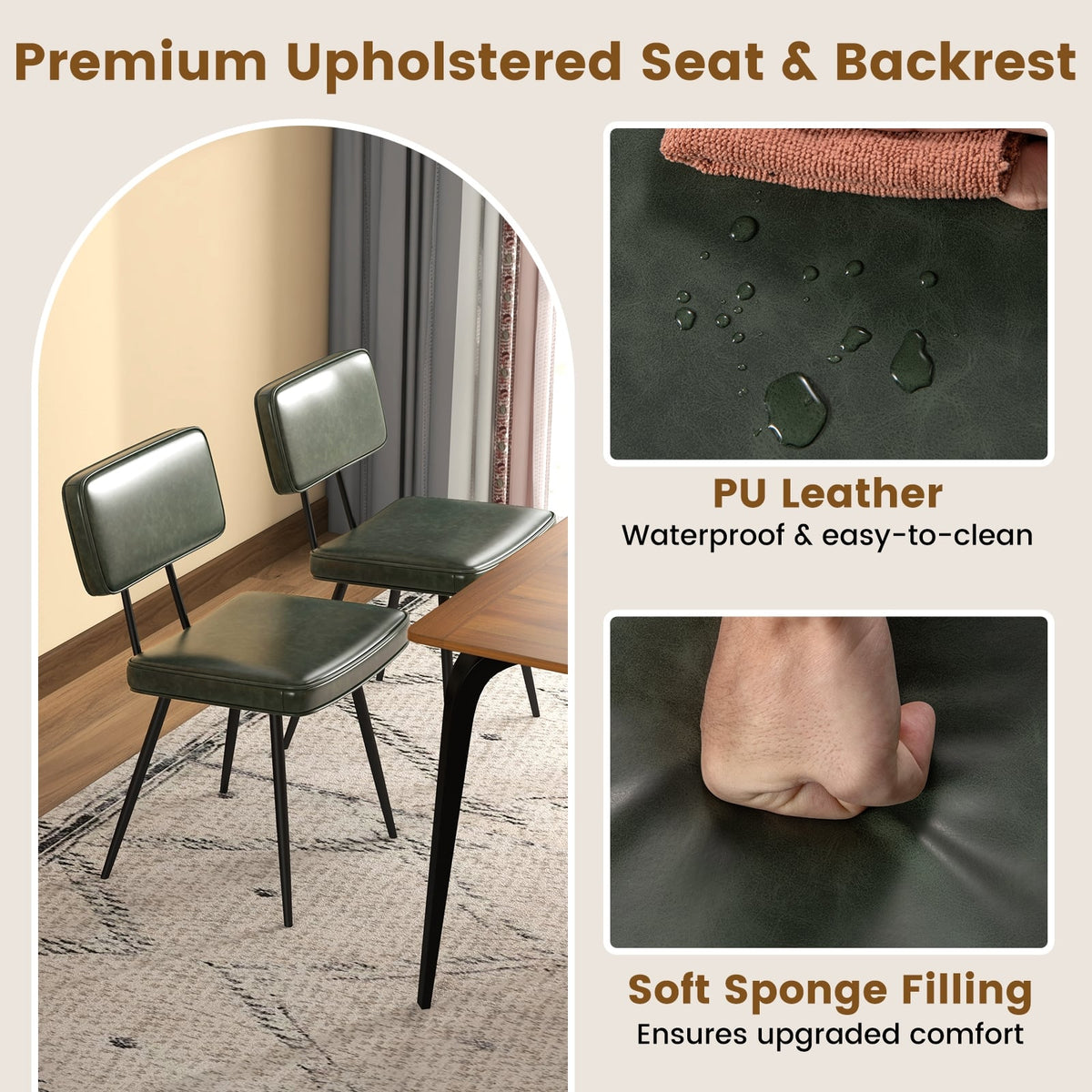 Dining Chair Set of 2 with Padded Backrest and Seat-Dark Green-Dining Chairs-DECOROLALA