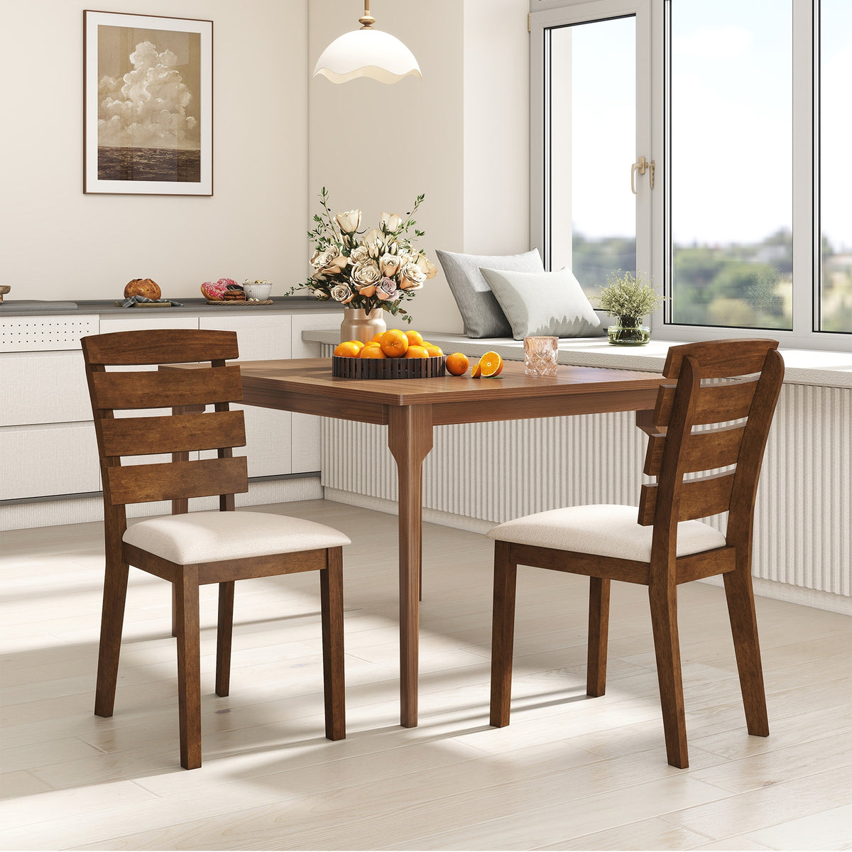 Dining Chair Set of 2 with Slatted High Backrest and Rubber Wood Legs-Brown-Dining Chairs-DECOROLALA
