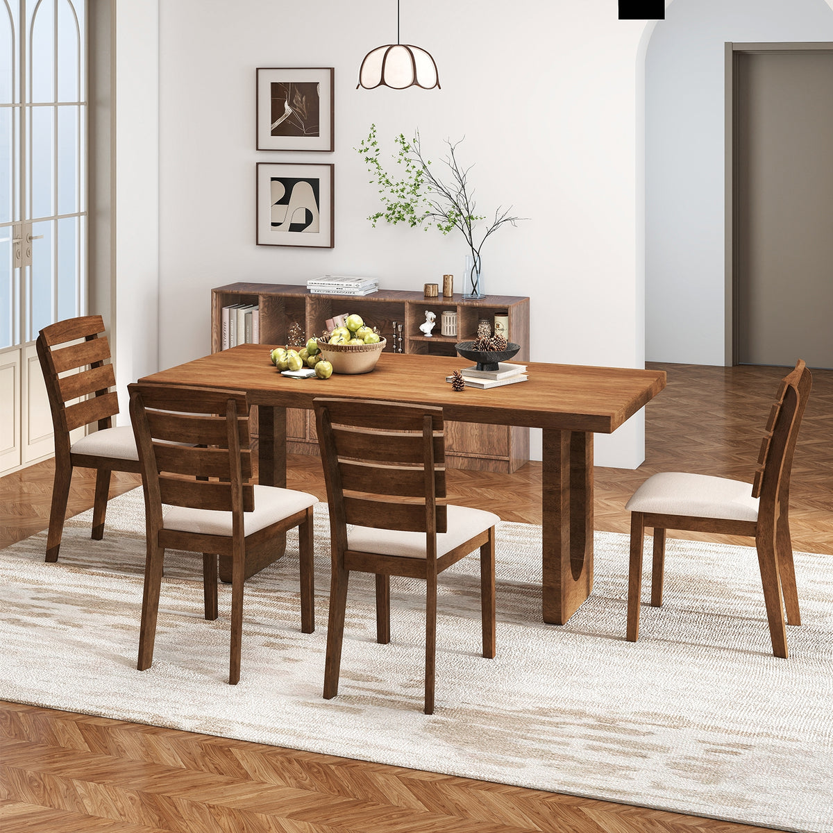 Dining Chair Set of 2 with Slatted High Backrest and Rubber Wood Legs-Brown-Dining Chairs-DECOROLALA