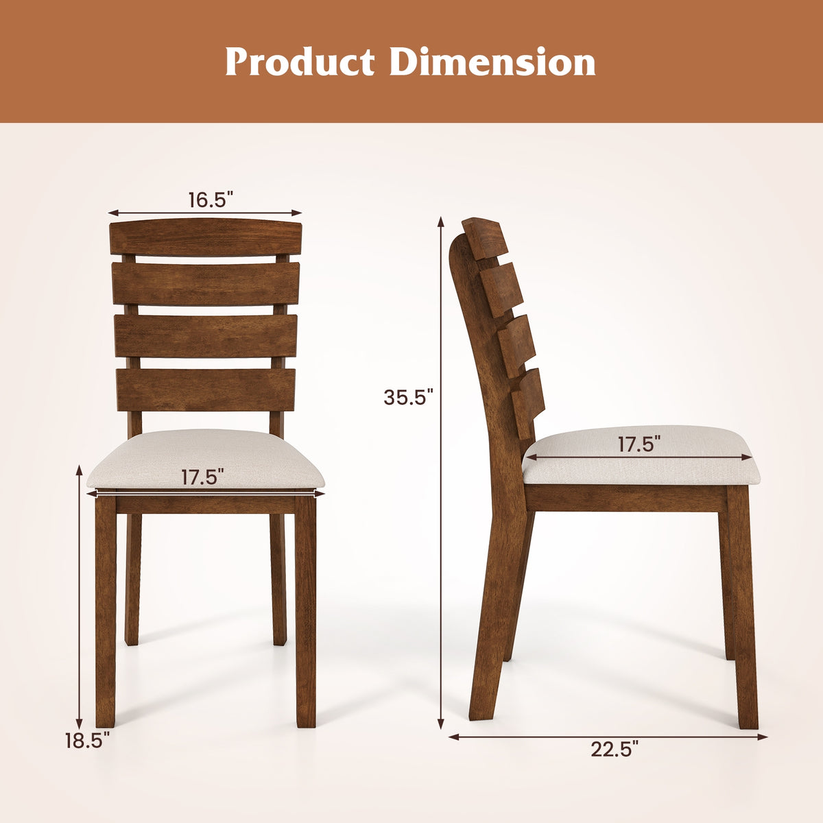 Dining Chair Set of 2 with Slatted High Backrest and Rubber Wood Legs-Brown-Dining Chairs-DECOROLALA