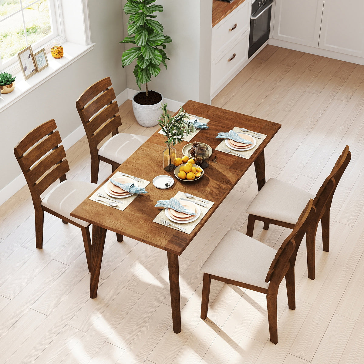 Dining Chair Set of 2 with Slatted High Backrest and Rubber Wood Legs-Brown-Dining Chairs-DECOROLALA