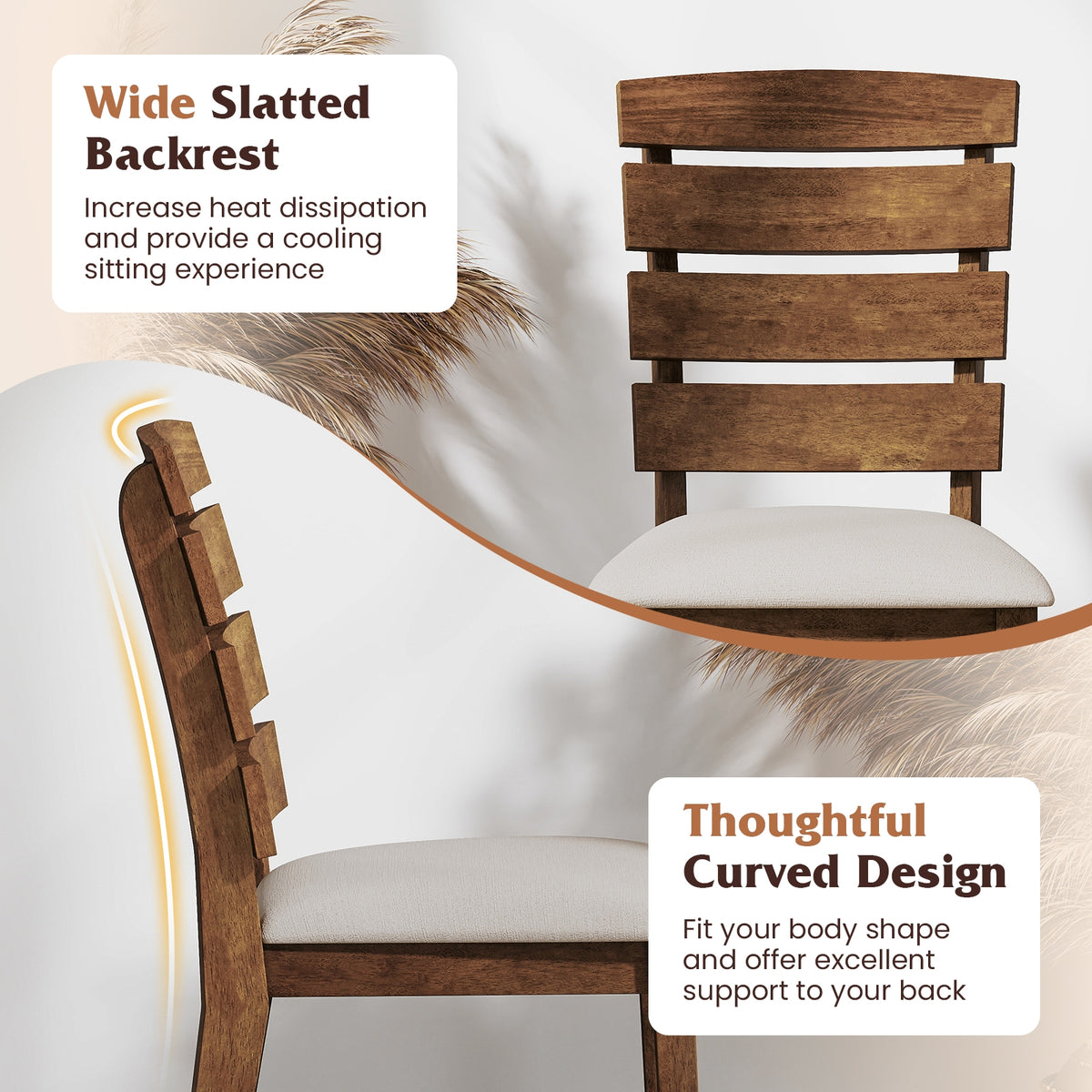Dining Chair Set of 2 with Slatted High Backrest and Rubber Wood Legs-Brown-Dining Chairs-DECOROLALA