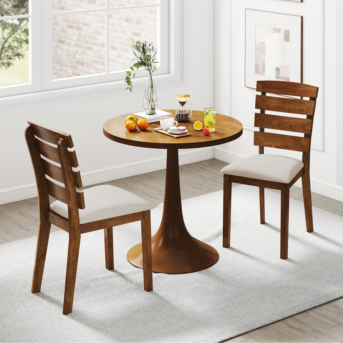 Dining Chair Set of 2 with Slatted High Backrest and Rubber Wood Legs-Brown-Dining Chairs-DECOROLALA