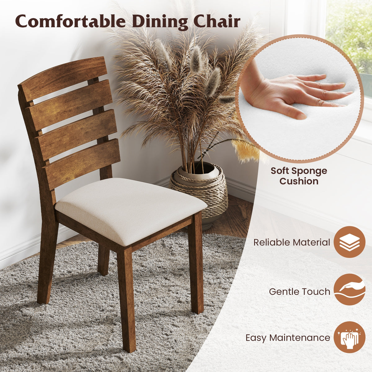 Dining Chair Set of 2 with Slatted High Backrest and Rubber Wood Legs-Brown-Dining Chairs-DECOROLALA