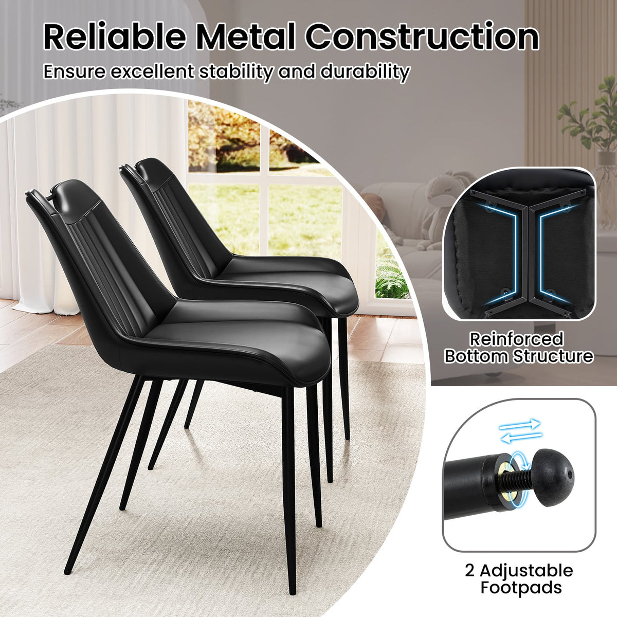 Dining Chair Set of 4 Faux Leather Upholstered Kitchen Chairs with Metal Legs-Black-Dining Chairs-DECOROLALA