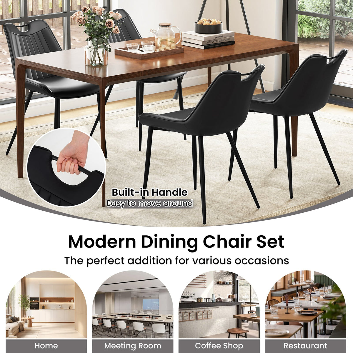 Dining Chair Set of 4 Faux Leather Upholstered Kitchen Chairs with Metal Legs-Black-Dining Chairs-DECOROLALA