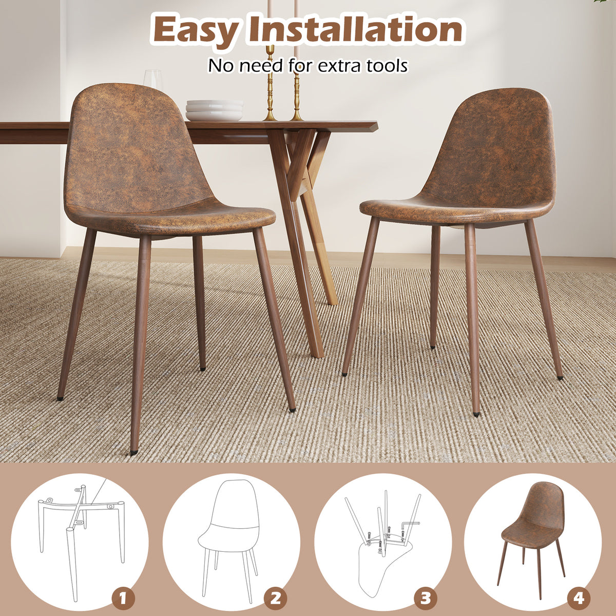 Dining Chair Set of 4 Faux PU Leather Upholstered Kitchen Chairs with Metal Legs-Brown-Dining Chairs-DECOROLALA