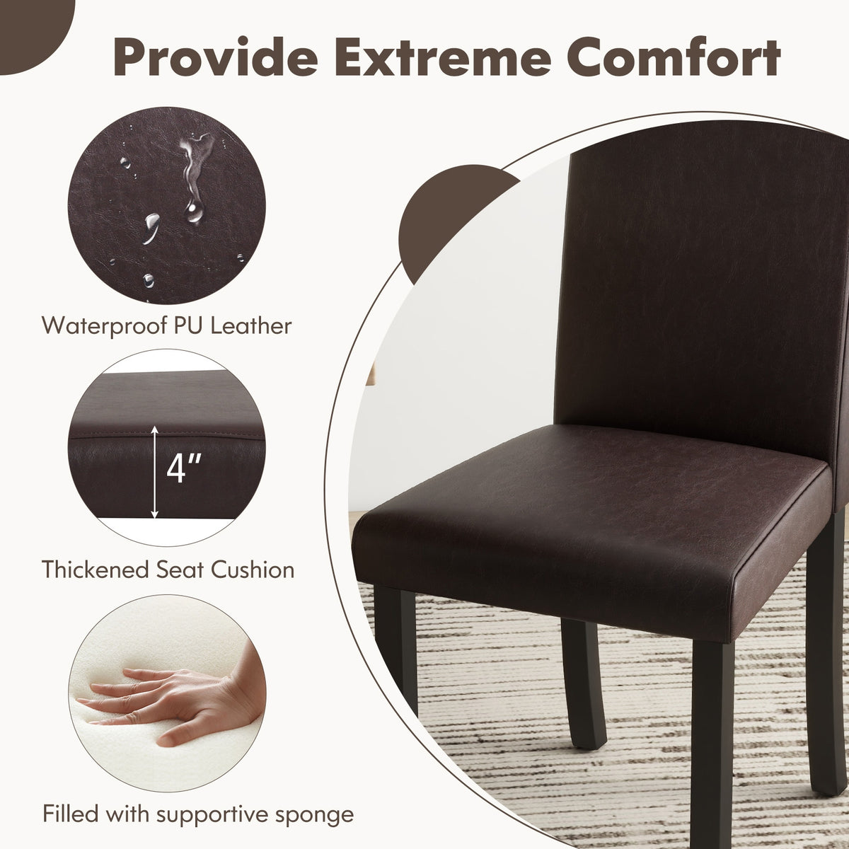 Dining Chair Set of 4 Upholstered Kitchen Dinette Chairs with Wood Frame-Brown-Dining Chairs-DECOROLALA