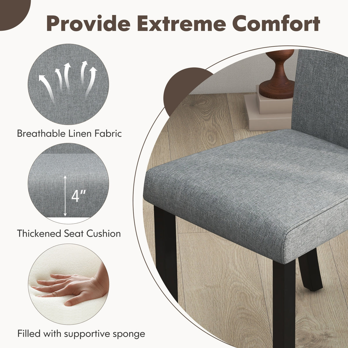 Dining Chair Set of 4 Upholstered Kitchen Dinette Chairs with Wood Frame-Gray-Dining Chairs-DECOROLALA