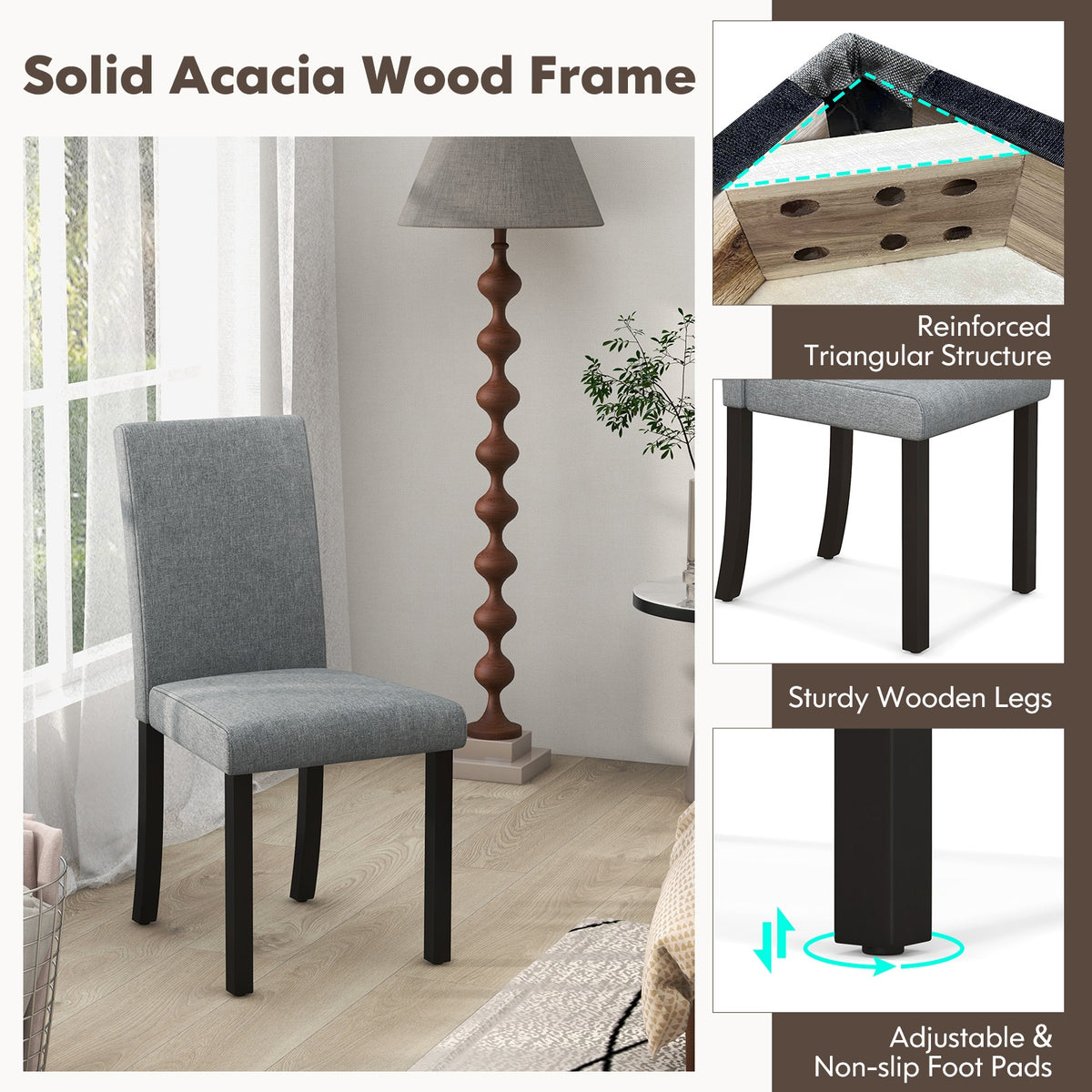 Dining Chair Set of 4 Upholstered Kitchen Dinette Chairs with Wood Frame-Gray-Dining Chairs-DECOROLALA