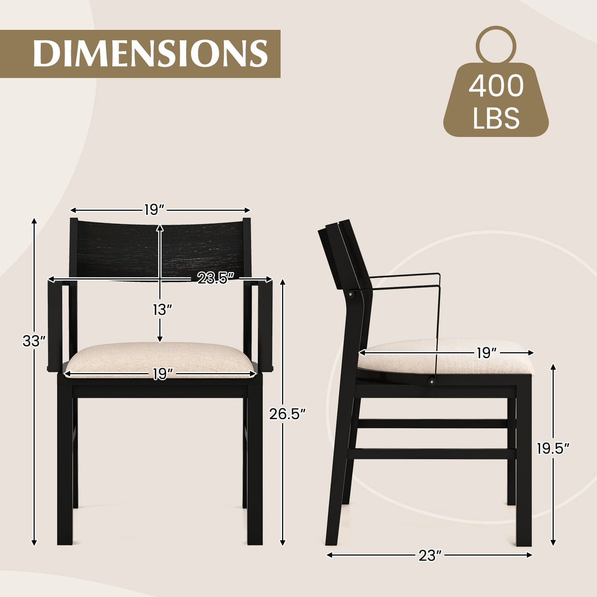 Dining Chair with Contoured Backrest and Padded Seat Set of 2-Beige-Dining Chairs-DECOROLALA
