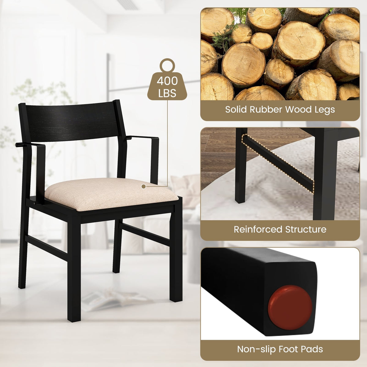 Dining Chair with Contoured Backrest and Padded Seat Set of 2-Beige-Dining Chairs-DECOROLALA