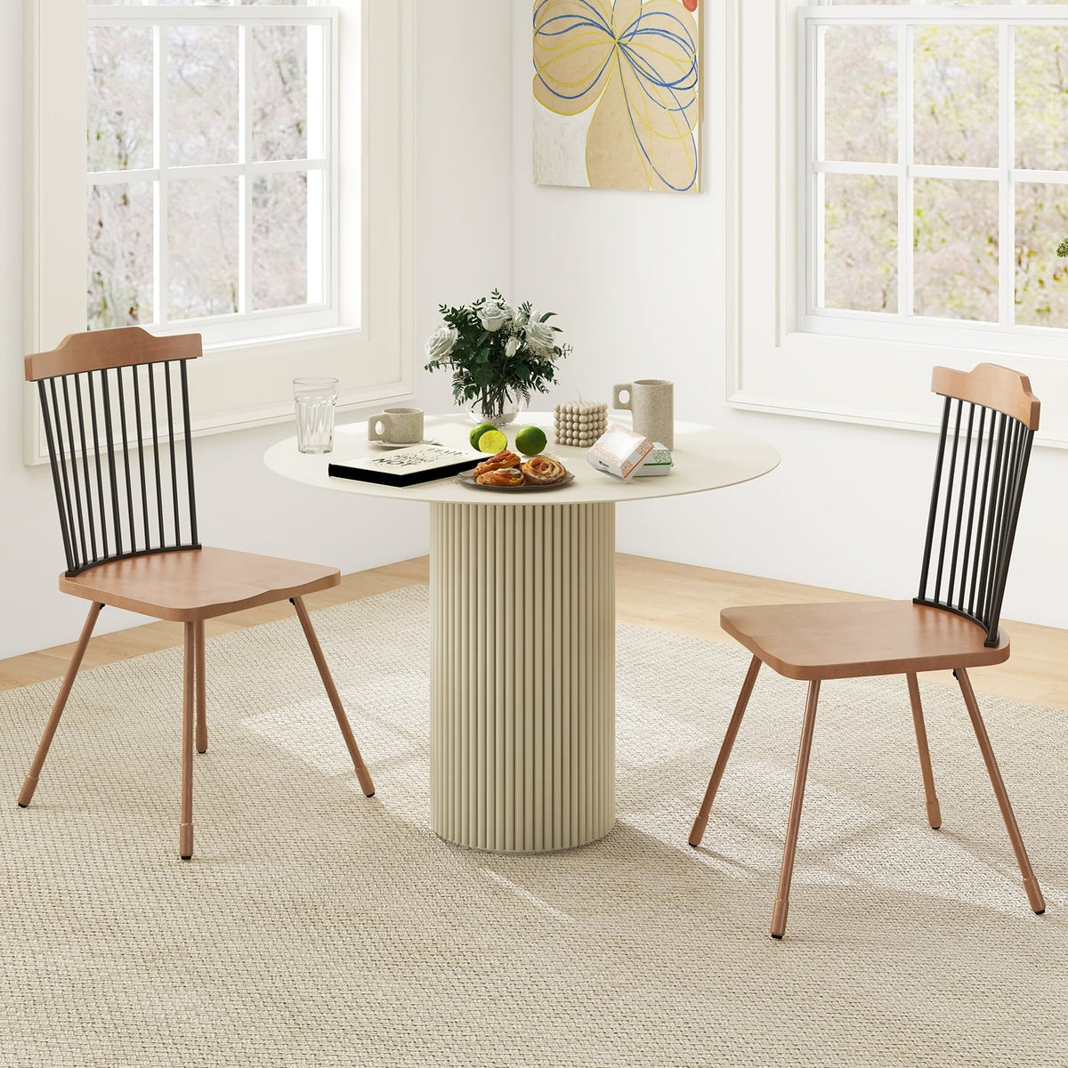 Dining Chair with Spindle Back and Ergonomic Contoured Seat Set of 2-Natural-Dining Chairs-DECOROLALA