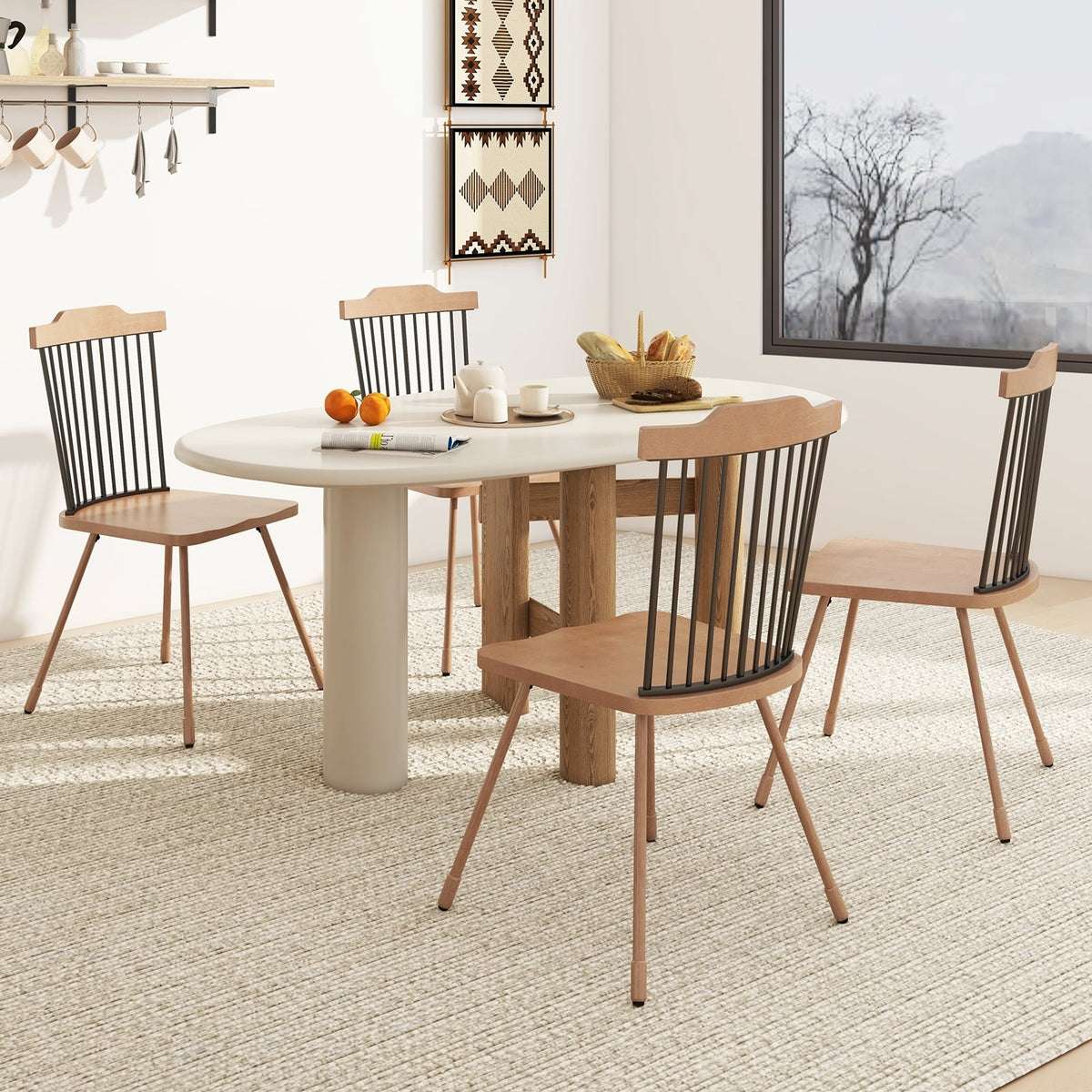 Dining Chair with Spindle Back and Ergonomic Contoured Seat Set of 2-Natural-Dining Chairs-DECOROLALA