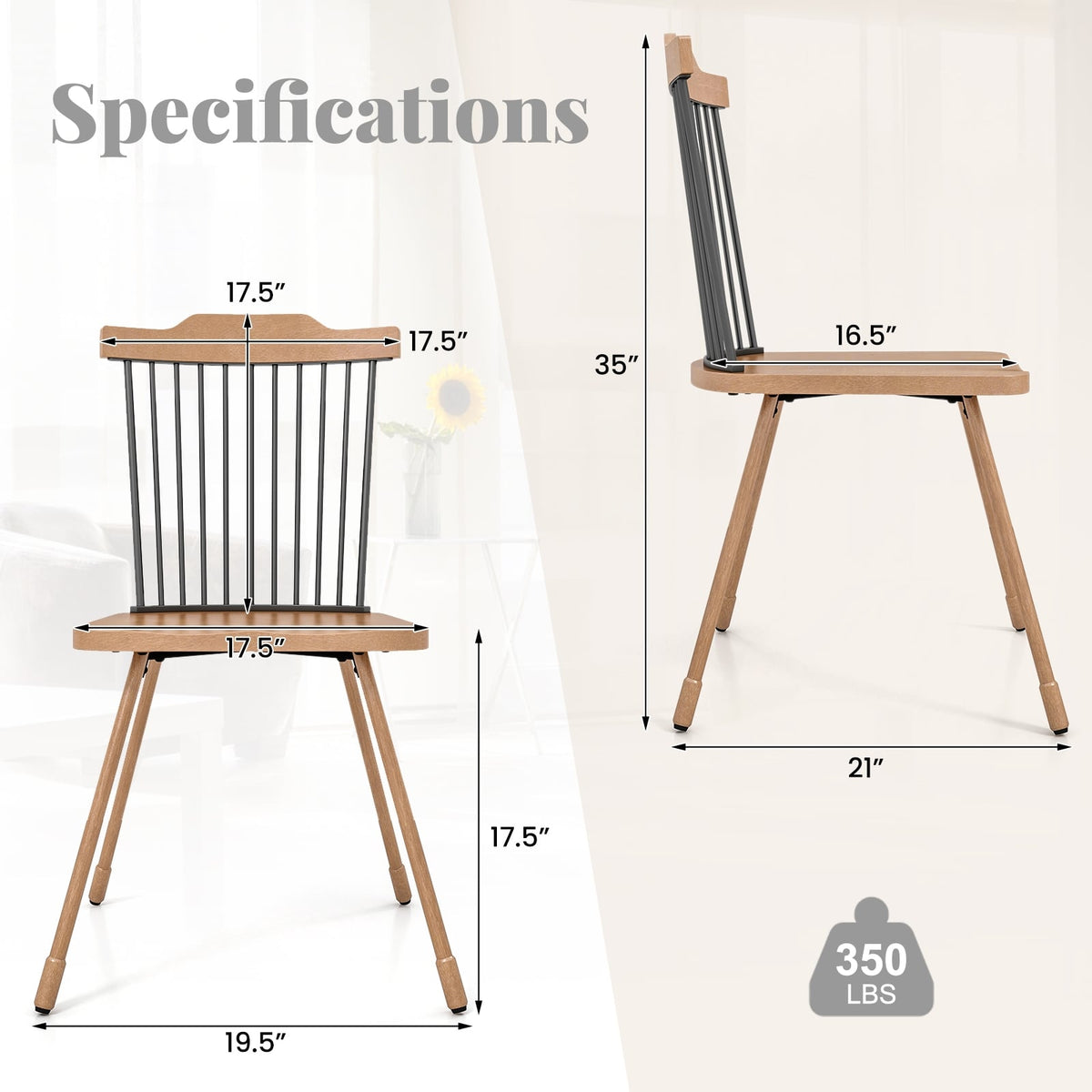 Dining Chair with Spindle Back and Ergonomic Contoured Seat Set of 2-Natural-Dining Chairs-DECOROLALA