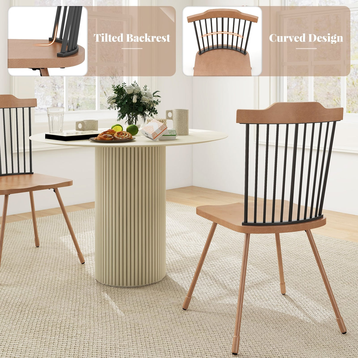 Dining Chair with Spindle Back and Ergonomic Contoured Seat Set of 2-Natural-Dining Chairs-DECOROLALA