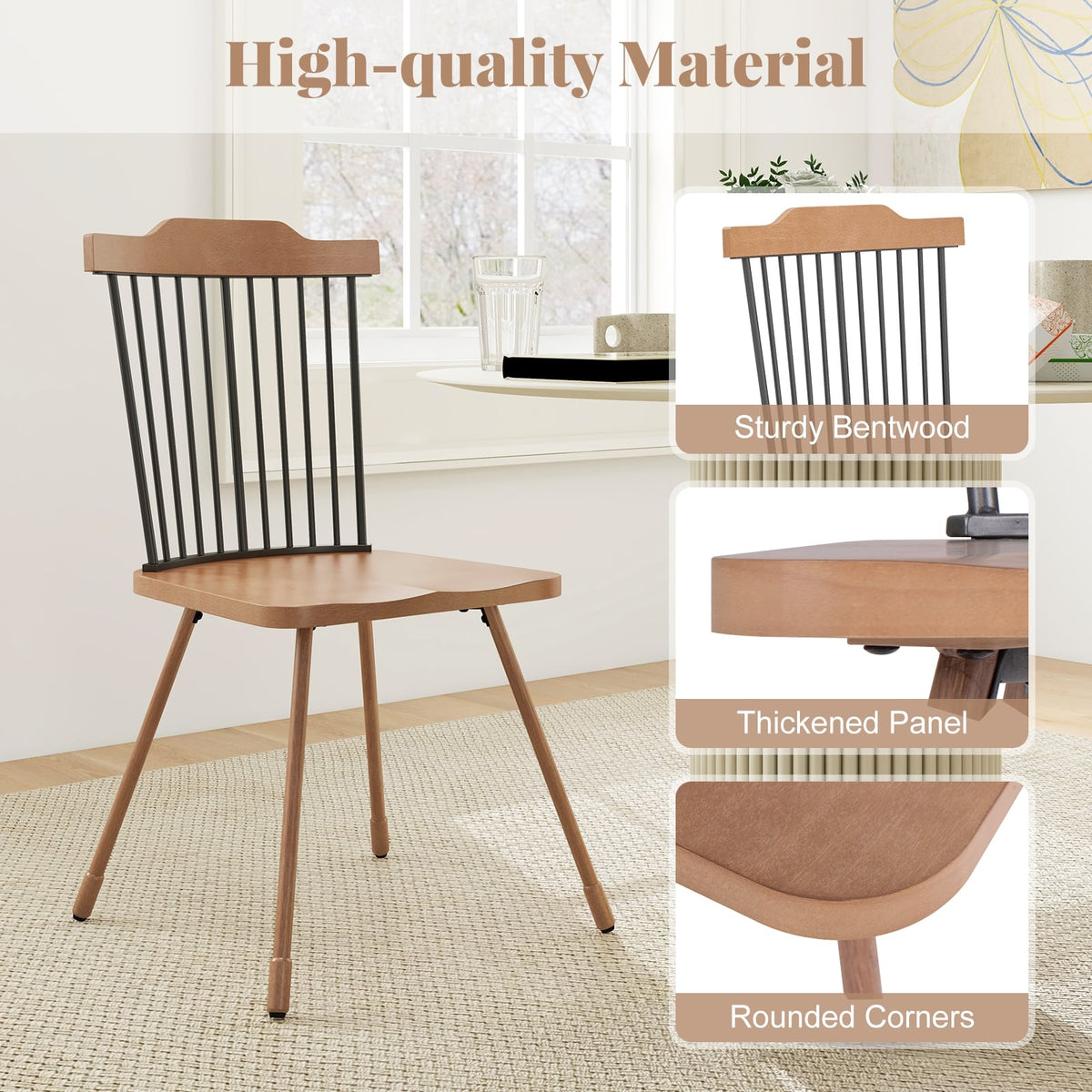 Dining Chair with Spindle Back and Ergonomic Contoured Seat Set of 2-Natural-Dining Chairs-DECOROLALA