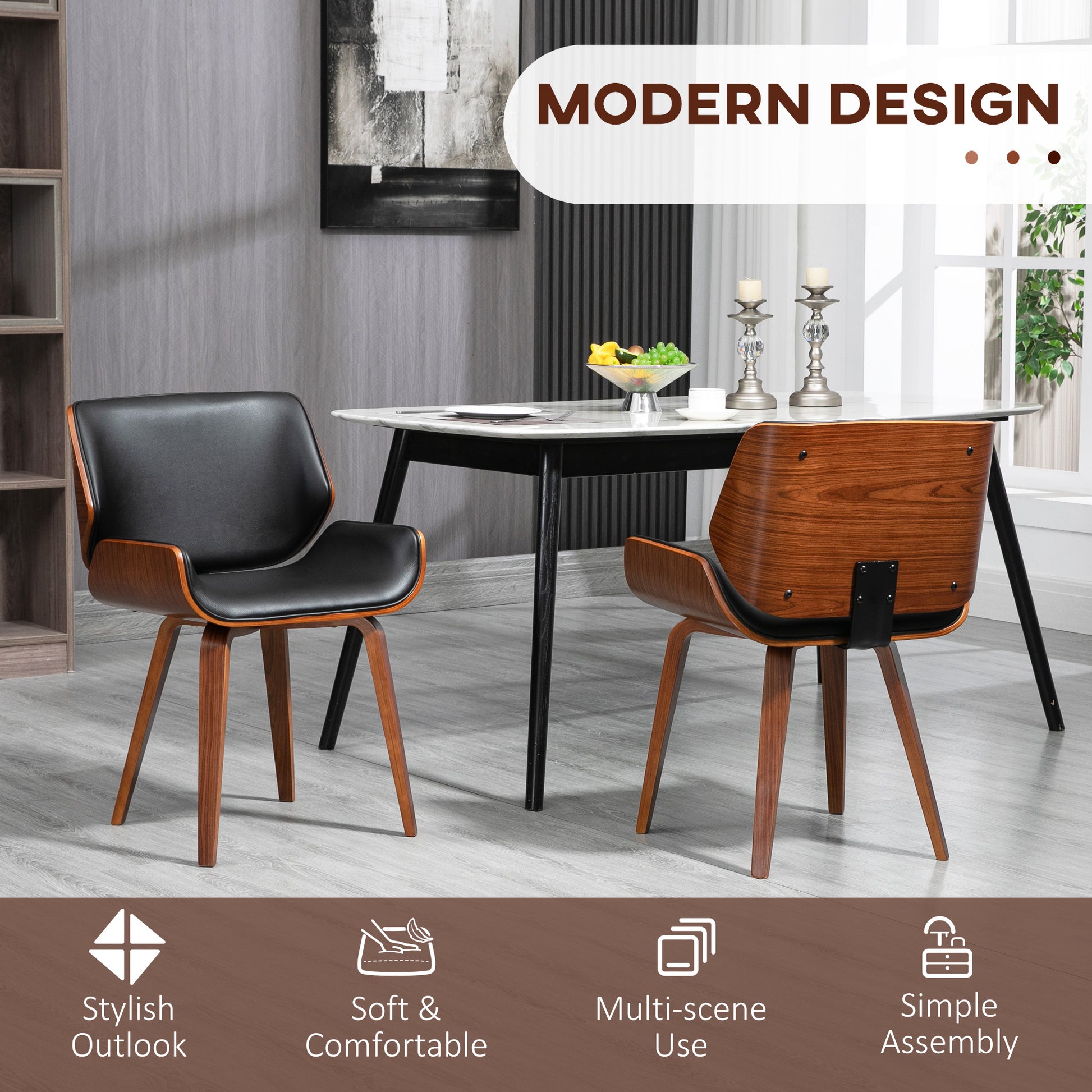 Dining Chairs Set, PU Leather, Black, Solid Wood Legs, 2-Pack-DECOROLALA