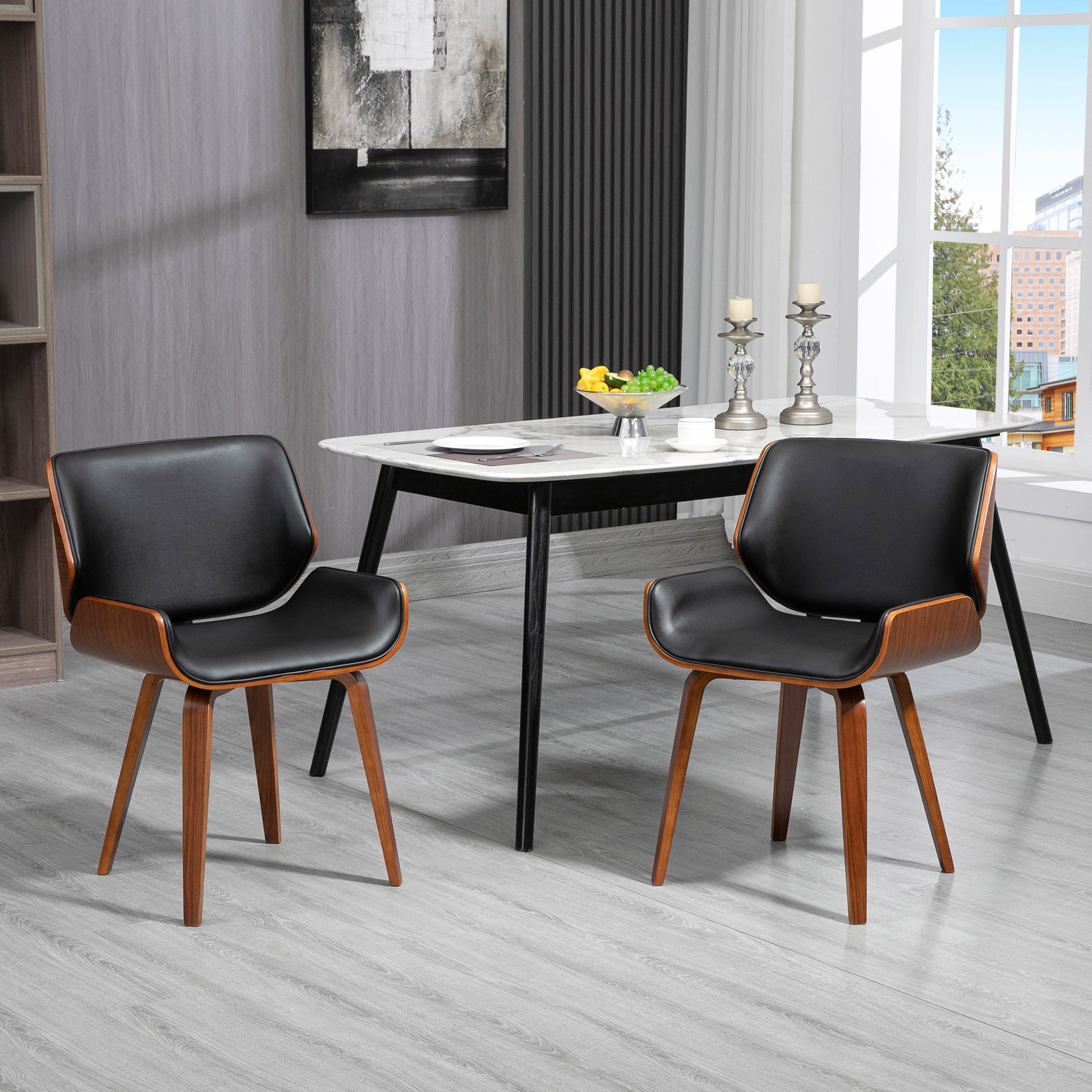 Dining Chairs Set, PU Leather, Black, Solid Wood Legs, 2-Pack-DECOROLALA