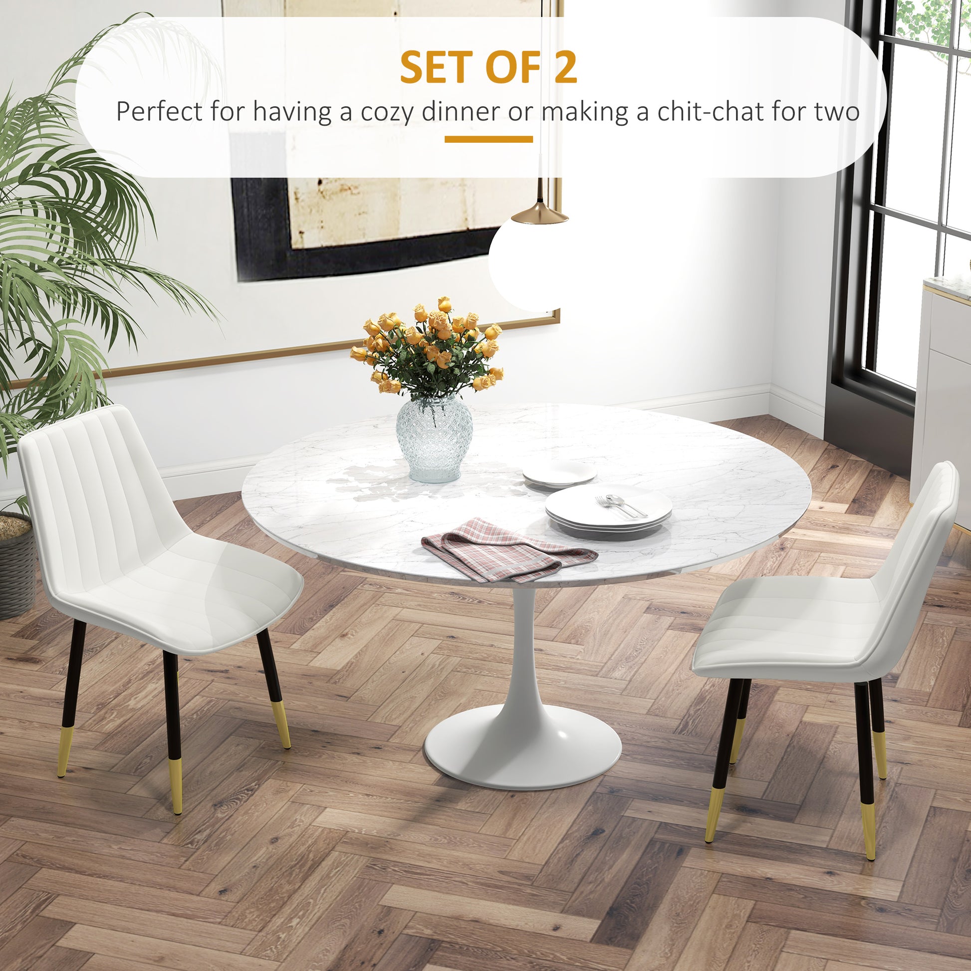 Dining Chairs Set of 2, Cream PU Leather Modern Kitchen Chairs with Steel Legs-DECOROLALA