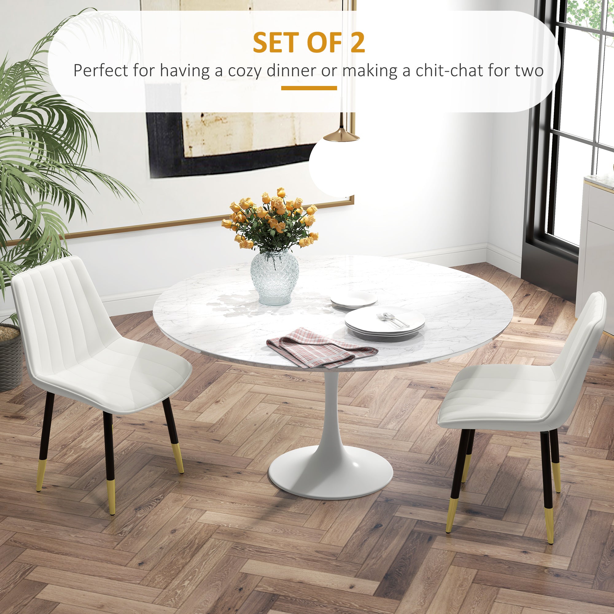 Dining Chairs Set of 2, Cream PU Leather Modern Kitchen Chairs with Steel Legs-DECOROLALA