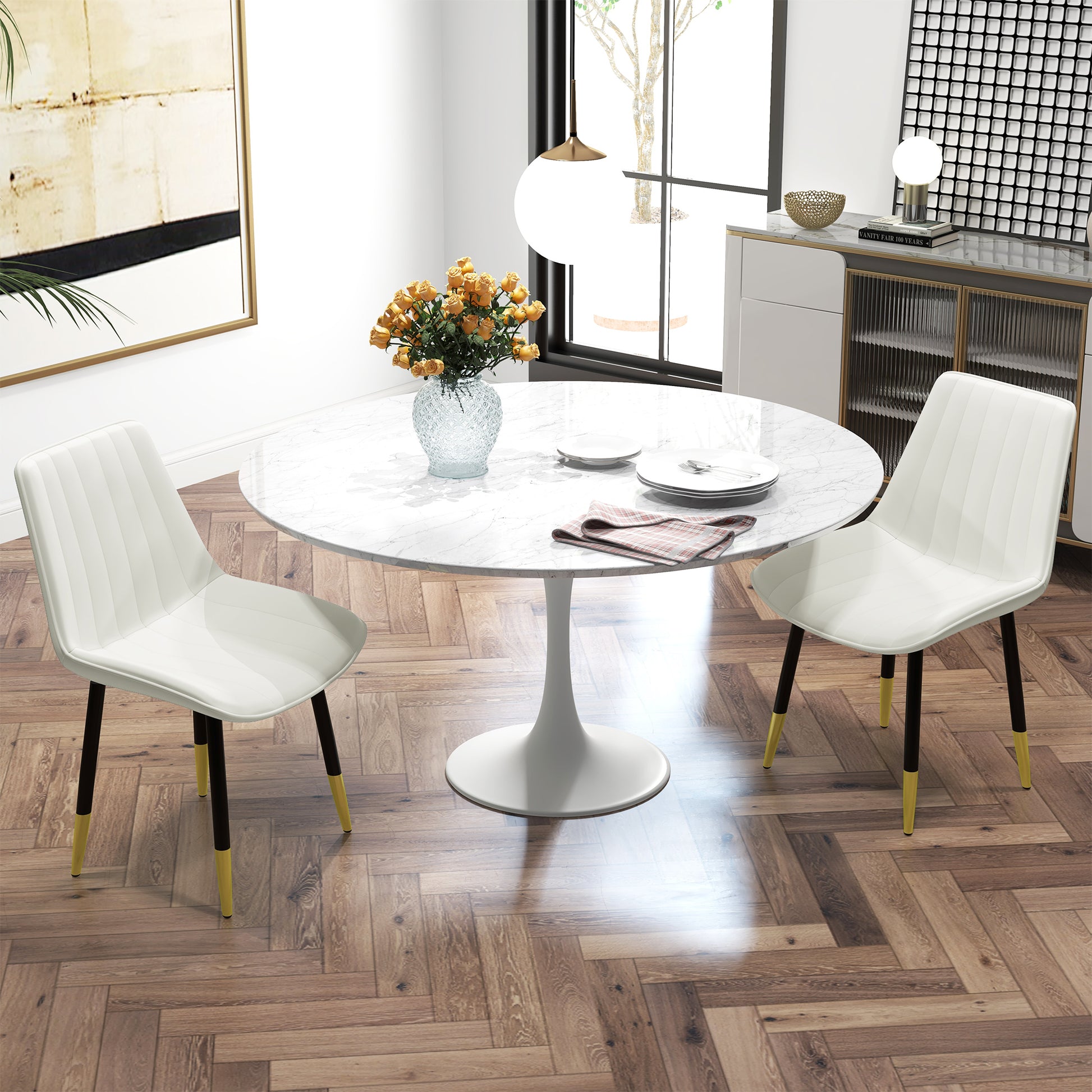Dining Chairs Set of 2, Cream PU Leather Modern Kitchen Chairs with Steel Legs-DECOROLALA