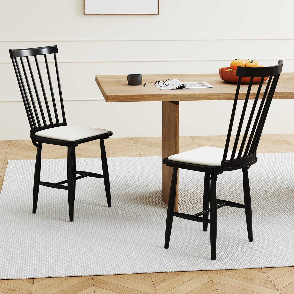 Dining Chairs Set of 2 Farmhouse Solid Rubber Wood Windsor Chairs with Removable Seat Cushions-Black-Dining Chairs-DECOROLALA