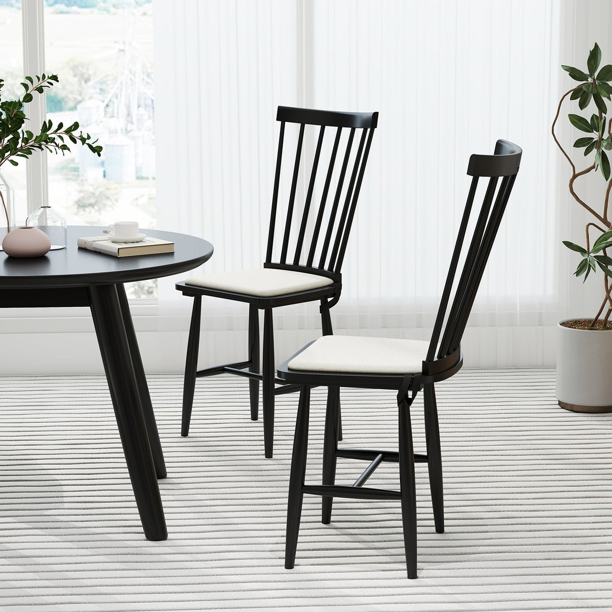 Dining Chairs Set of 2 Farmhouse Solid Rubber Wood Windsor Chairs with Removable Seat Cushions-Black-Dining Chairs-DECOROLALA