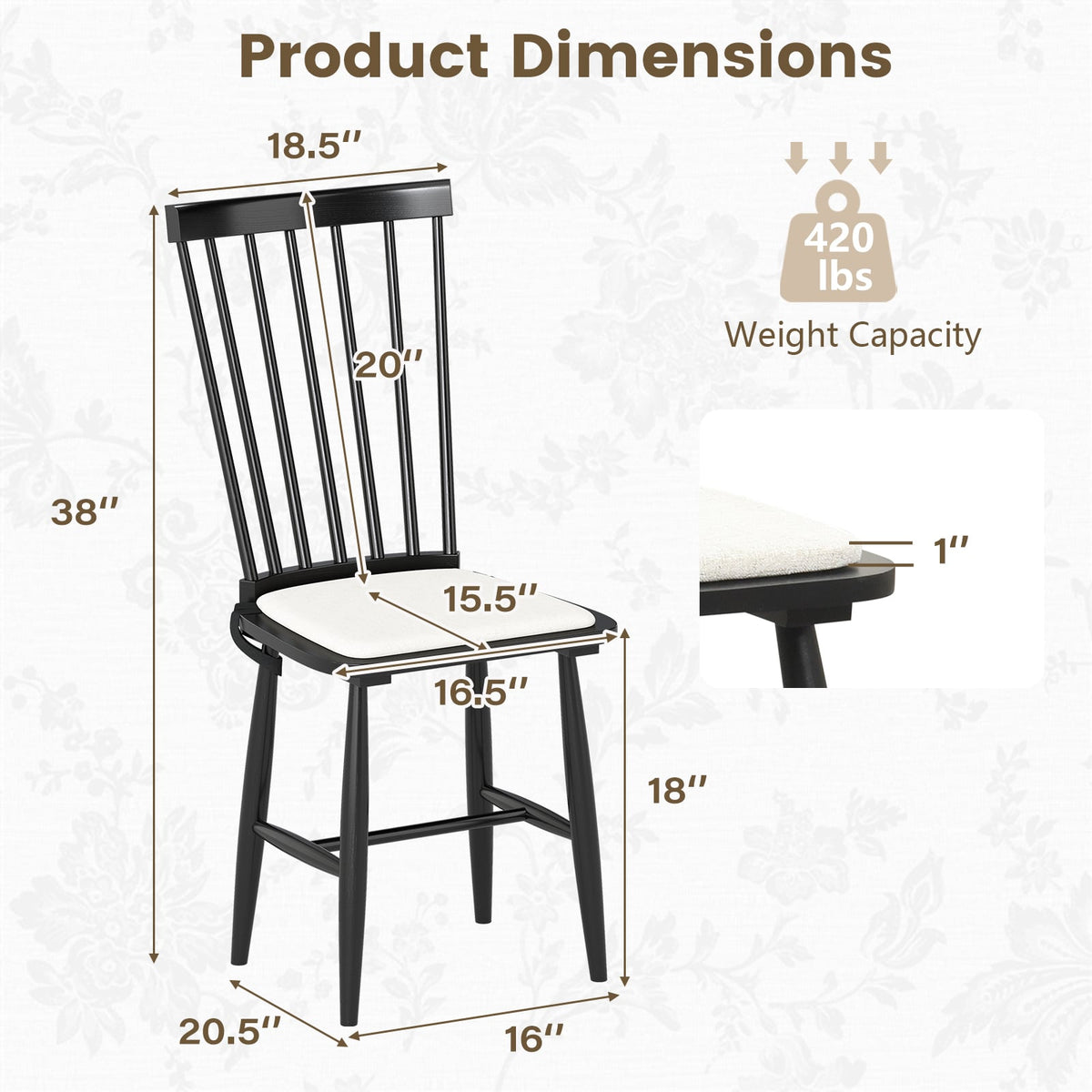 Dining Chairs Set of 2 Farmhouse Solid Rubber Wood Windsor Chairs with Removable Seat Cushions-Black-Dining Chairs-DECOROLALA