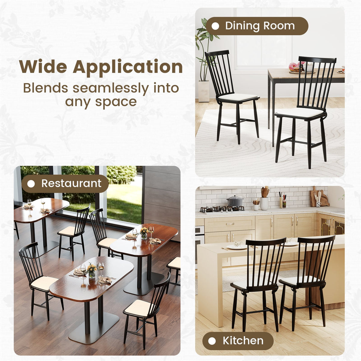 Dining Chairs Set of 2 Farmhouse Solid Rubber Wood Windsor Chairs with Removable Seat Cushions-Black-Dining Chairs-DECOROLALA