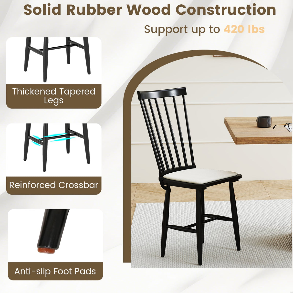 Dining Chairs Set of 2 Farmhouse Solid Rubber Wood Windsor Chairs with Removable Seat Cushions-Black-Dining Chairs-DECOROLALA