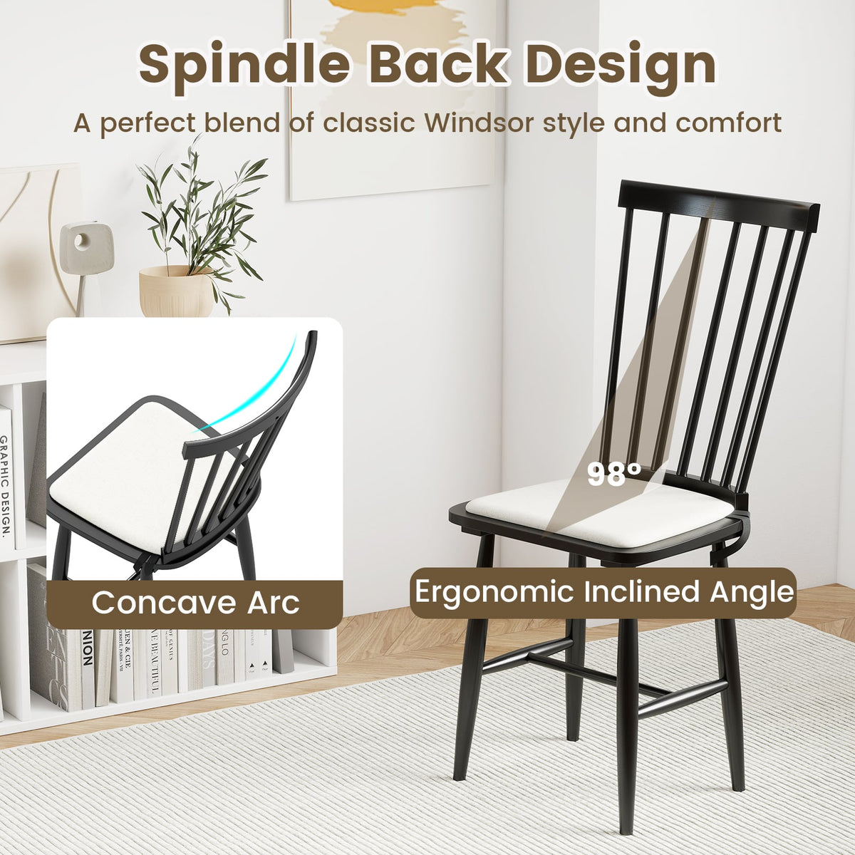Dining Chairs Set of 2 Farmhouse Solid Rubber Wood Windsor Chairs with Removable Seat Cushions-Black-Dining Chairs-DECOROLALA