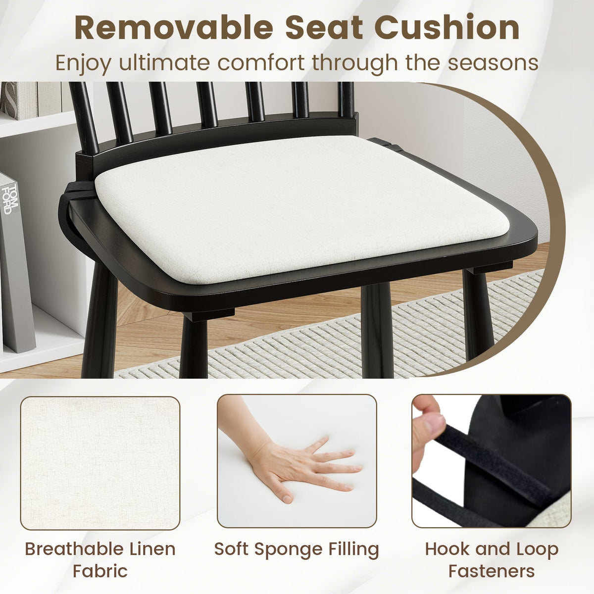 Dining Chairs Set of 2 Farmhouse Solid Rubber Wood Windsor Chairs with Removable Seat Cushions-Black-Dining Chairs-DECOROLALA