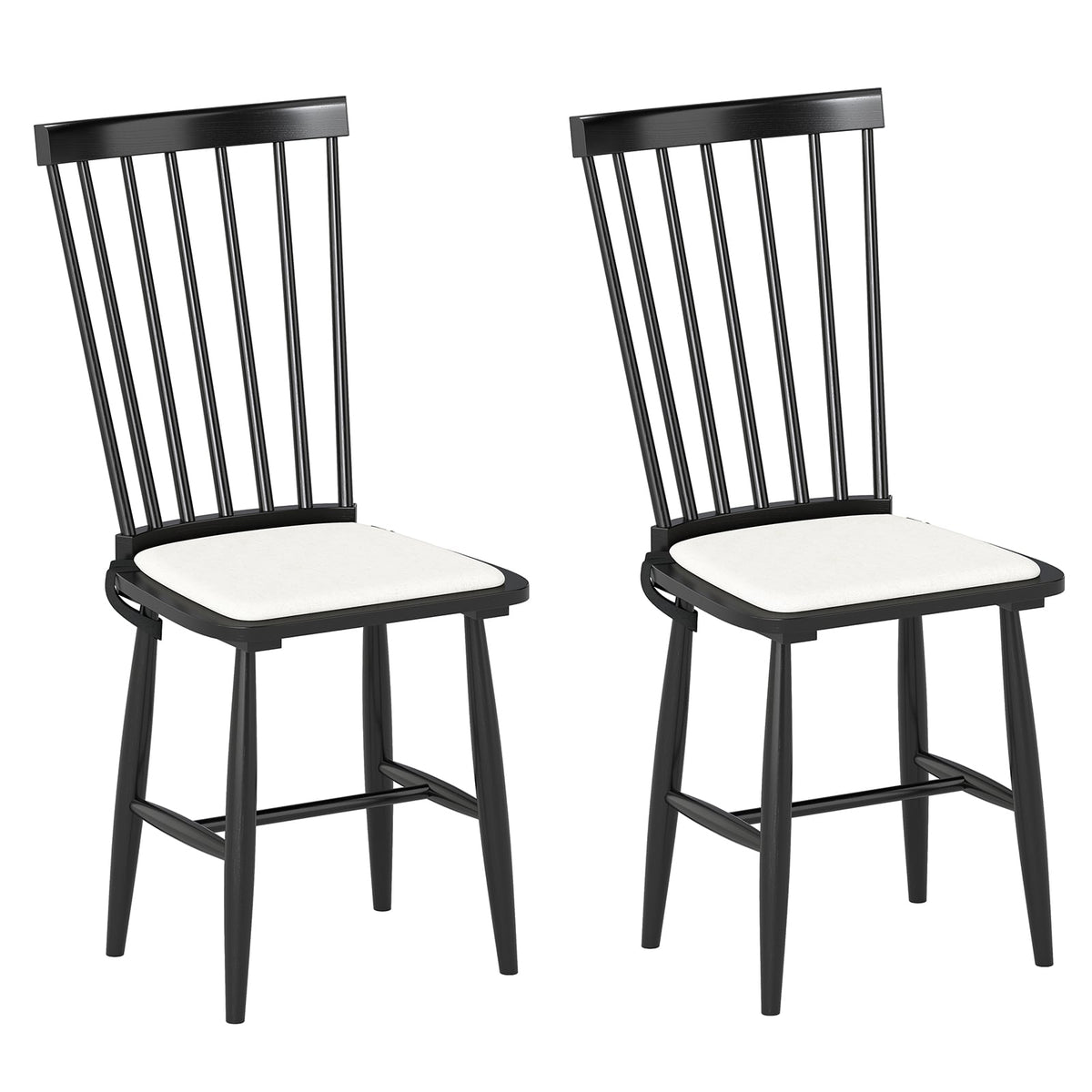 Dining Chairs Set of 2 Farmhouse Solid Rubber Wood Windsor Chairs with Removable Seat Cushions-Black-Dining Chairs-DECOROLALA