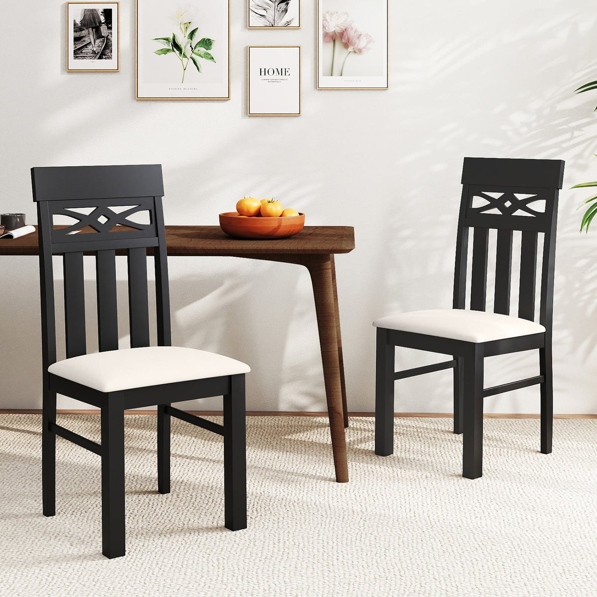 Dining Chairs Set of 2 High Back Dining Room Chairs with Padded Seat and Rubber Wood Frame-Black-Dining Chairs-DECOROLALA