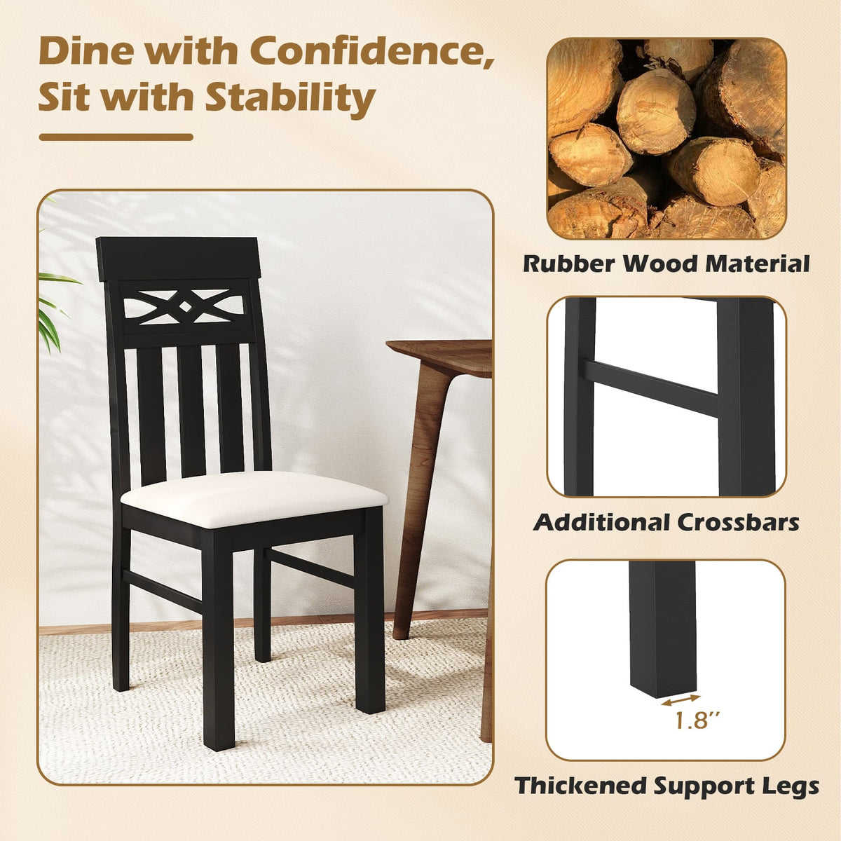 Dining Chairs Set of 2 High Back Dining Room Chairs with Padded Seat and Rubber Wood Frame-Black-Dining Chairs-DECOROLALA