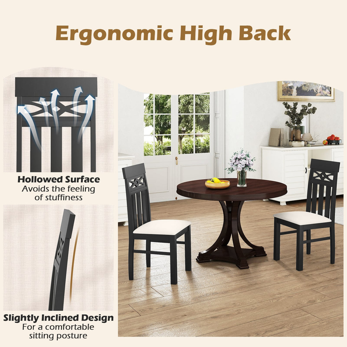 Dining Chairs Set of 2 High Back Dining Room Chairs with Padded Seat and Rubber Wood Frame-Black-Dining Chairs-DECOROLALA