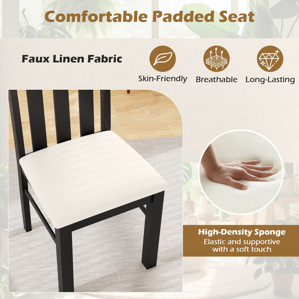 Dining Chairs Set of 2 High Back Dining Room Chairs with Padded Seat and Rubber Wood Frame-Black-Dining Chairs-DECOROLALA