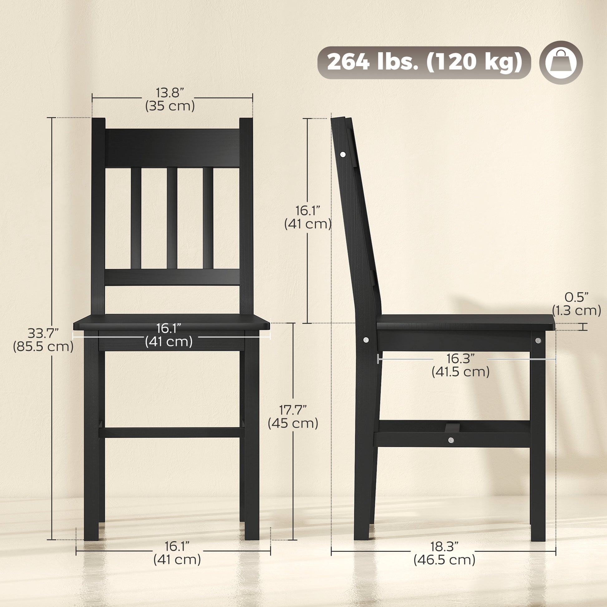 Dining Chairs Set of 2, Kitchen Chair with Slat Back, Pine Wood Structure for Living Room and Dining Room, Black-Home Furnishings > Kitchen & Dining Furniture > Dining Chairs-DECOROLALA