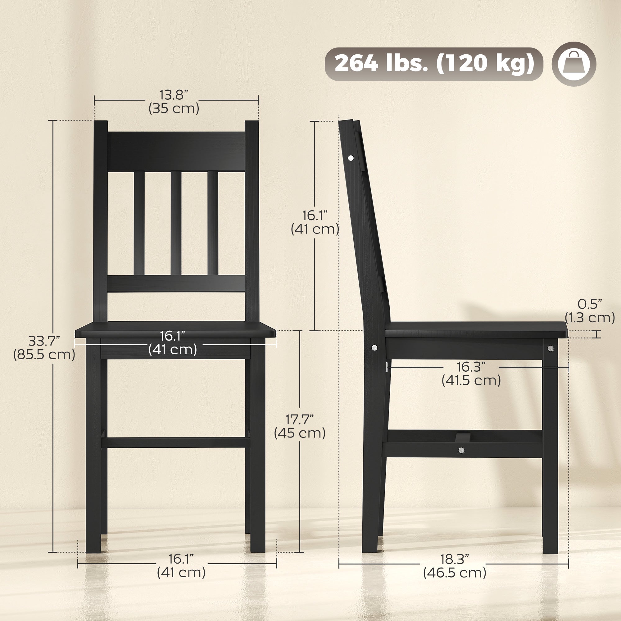 Dining Chairs Set of 2, Kitchen Chair with Slat Back, Pine Wood Structure for Living Room and Dining Room, Black-Home Furnishings > Kitchen & Dining Furniture > Dining Chairs-DECOROLALA