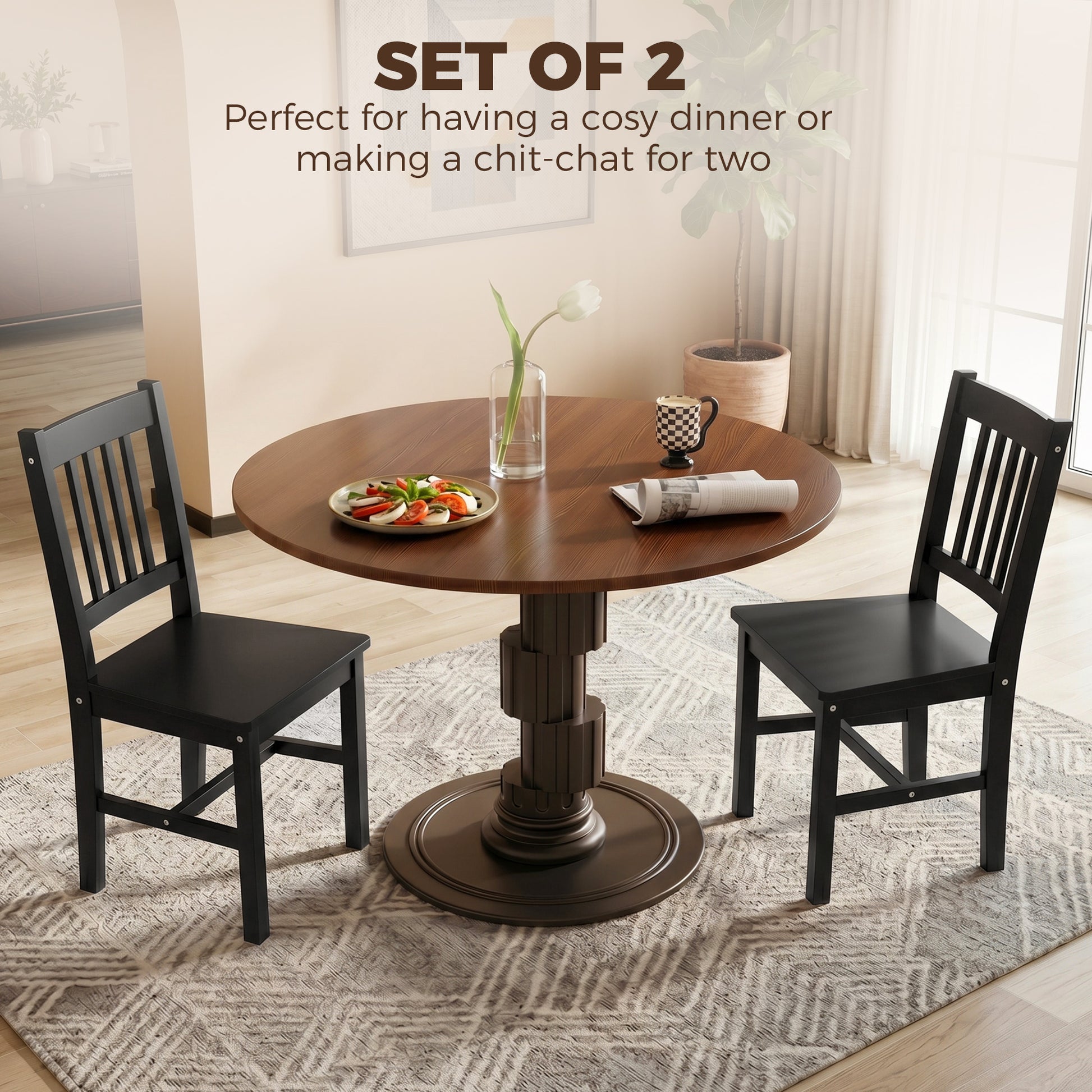 Dining Chairs Set of 2, Kitchen Chair with Slat Back, Pine Wood Structure for Living Room and Dining Room, Black-Home Furnishings > Kitchen & Dining Furniture > Dining Chairs-DECOROLALA