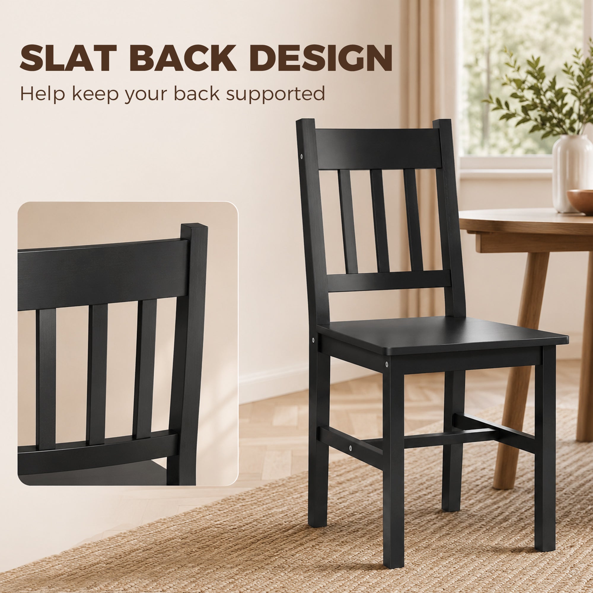 Dining Chairs Set of 2, Kitchen Chair with Slat Back, Pine Wood Structure for Living Room and Dining Room, Black-Home Furnishings > Kitchen & Dining Furniture > Dining Chairs-DECOROLALA