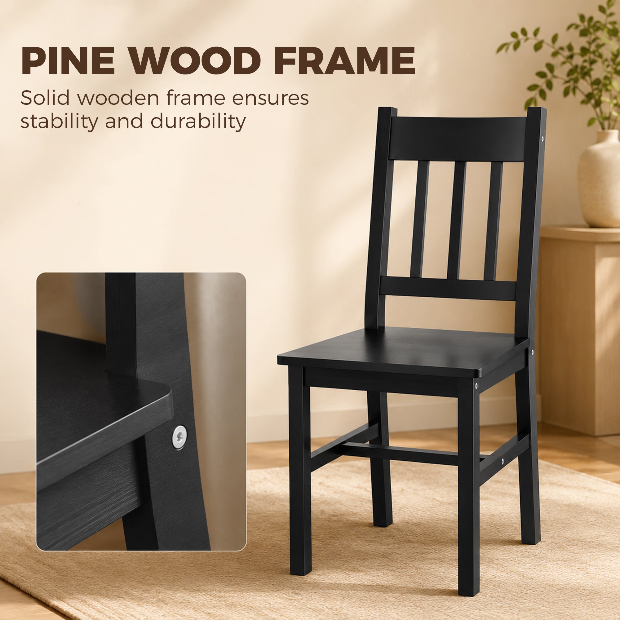Dining Chairs Set of 2, Kitchen Chair with Slat Back, Pine Wood Structure for Living Room and Dining Room, Black-Home Furnishings > Kitchen & Dining Furniture > Dining Chairs-DECOROLALA