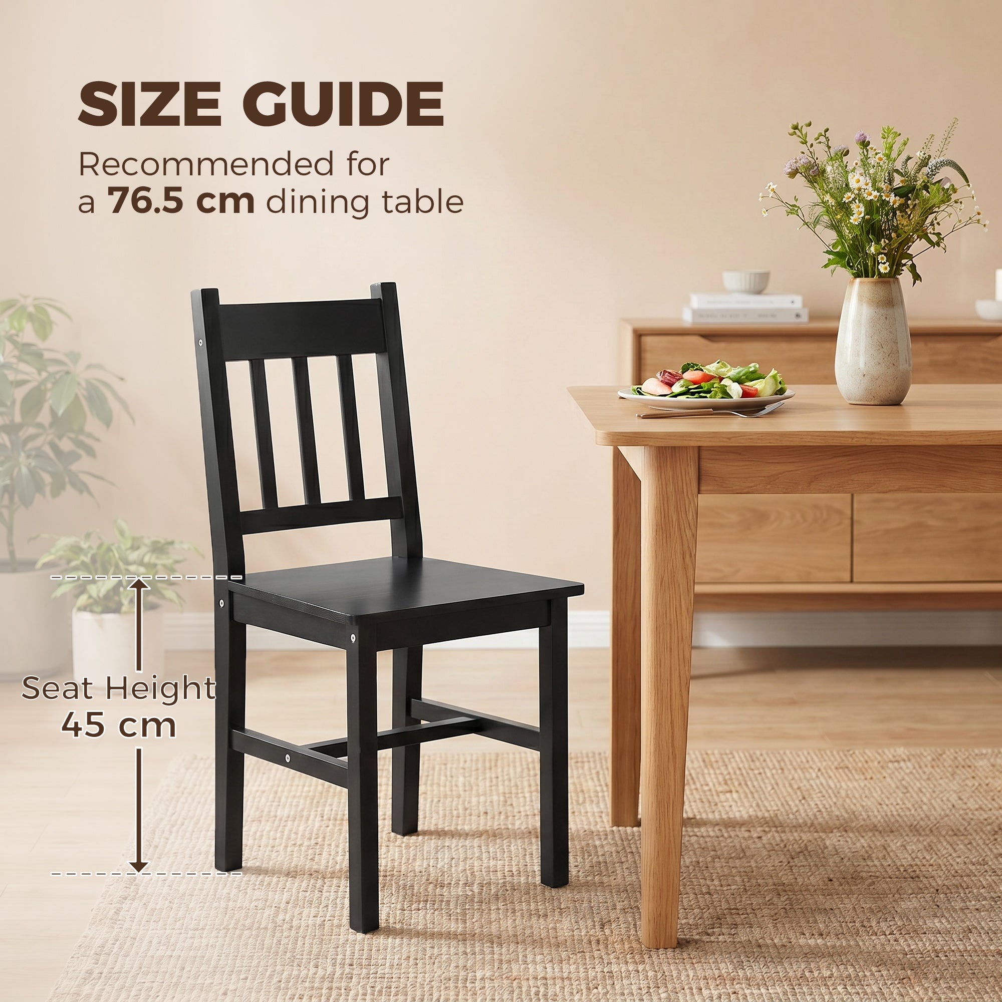 Dining Chairs Set of 2, Kitchen Chair with Slat Back, Pine Wood Structure for Living Room and Dining Room, Black-Home Furnishings > Kitchen & Dining Furniture > Dining Chairs-DECOROLALA