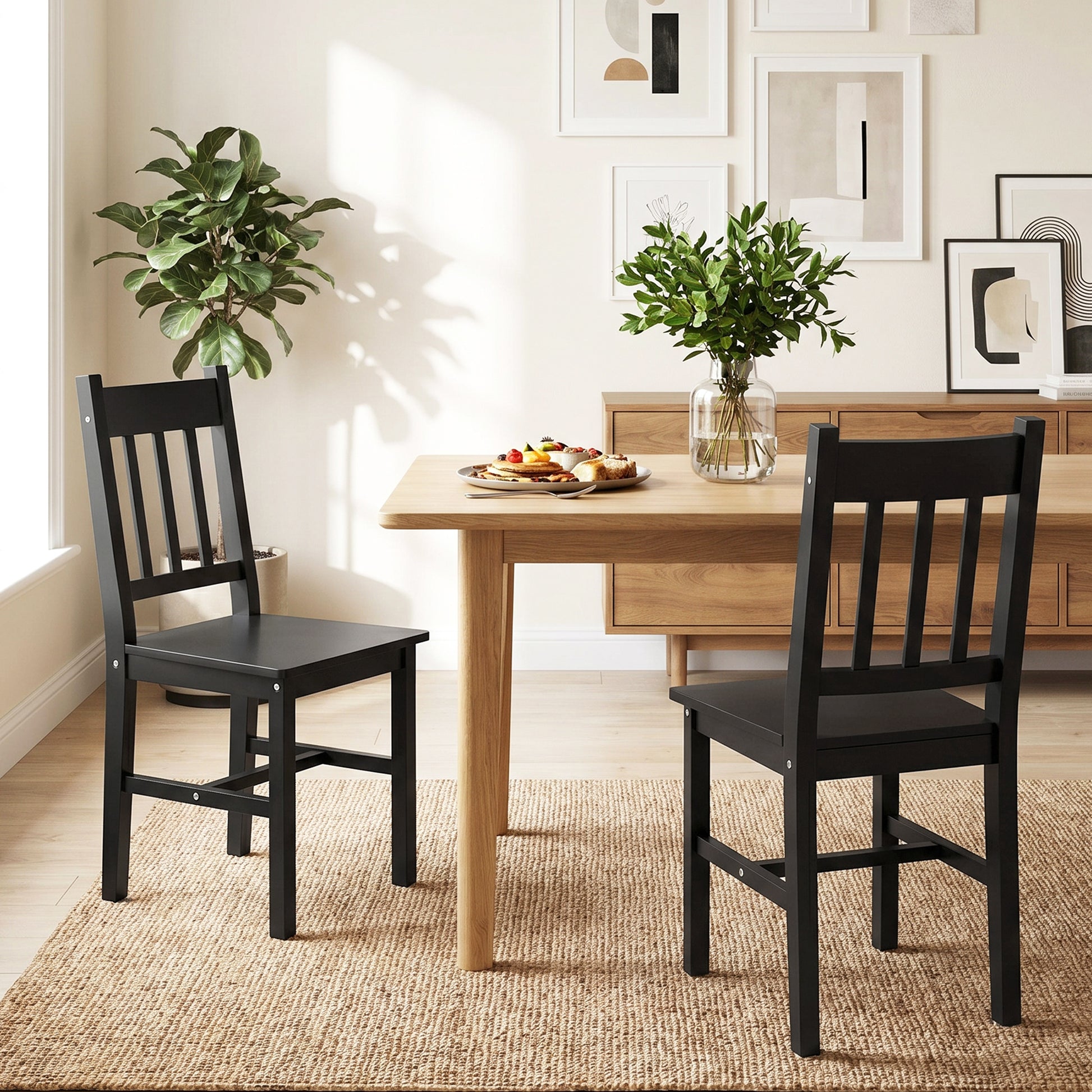 Dining Chairs Set of 2, Kitchen Chair with Slat Back, Pine Wood Structure for Living Room and Dining Room, Black-Home Furnishings > Kitchen & Dining Furniture > Dining Chairs-DECOROLALA