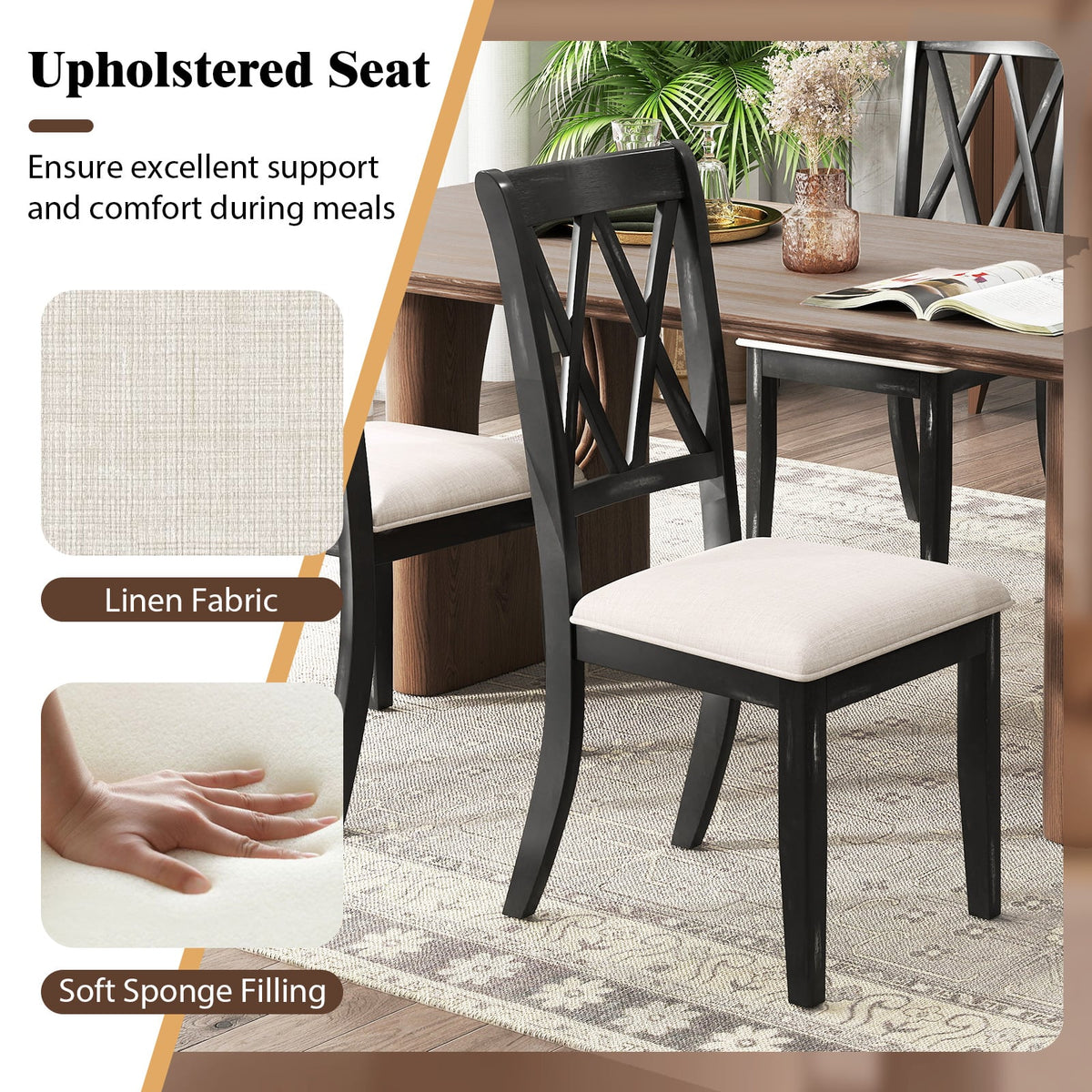 Dining Chairs Set of 2 Kitchen Side Chairs with Curved Cross Back-Beige-Dining Chairs-DECOROLALA