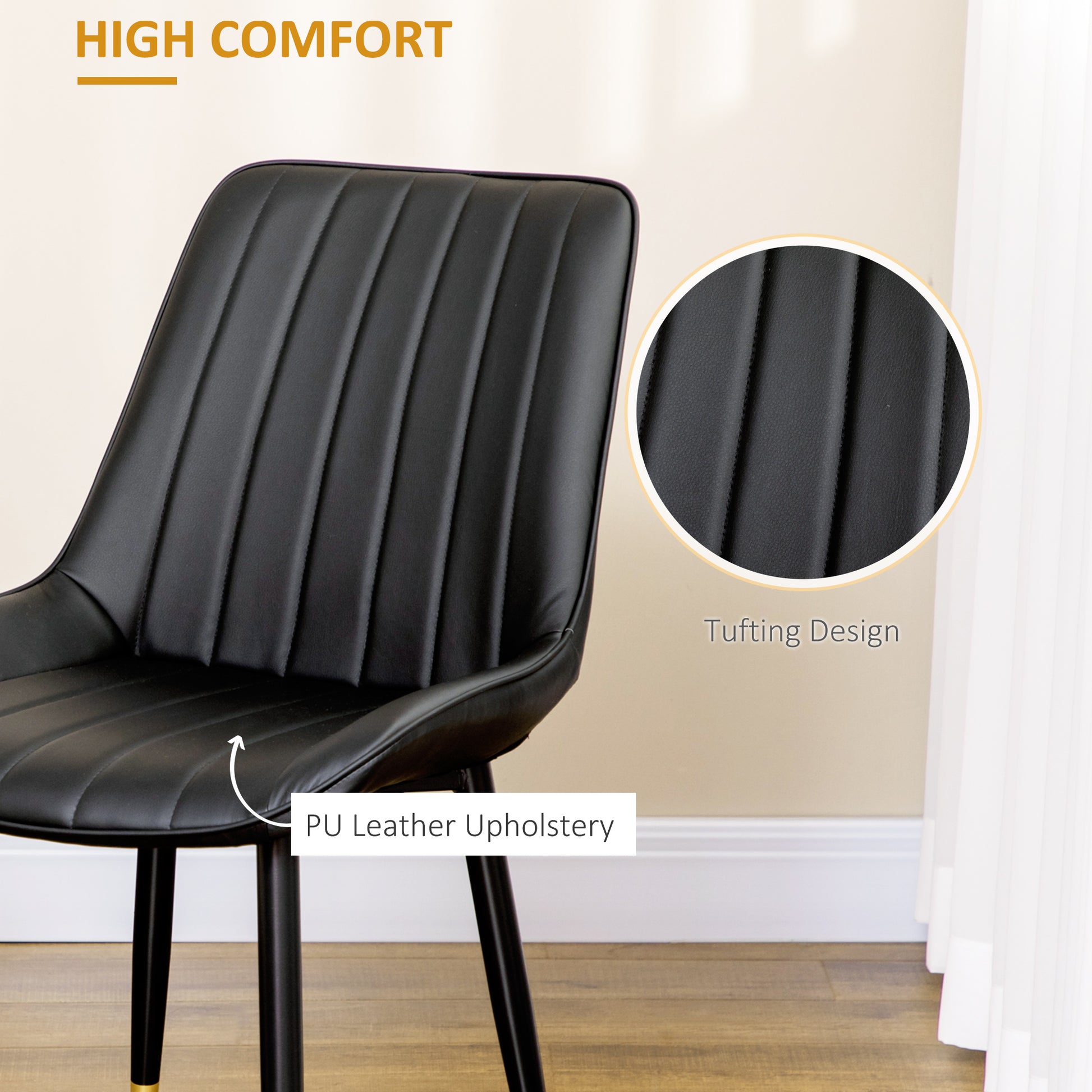 Dining Chairs Set of 2 - Modern PU Leather, Steel Legs, Black-DECOROLALA
