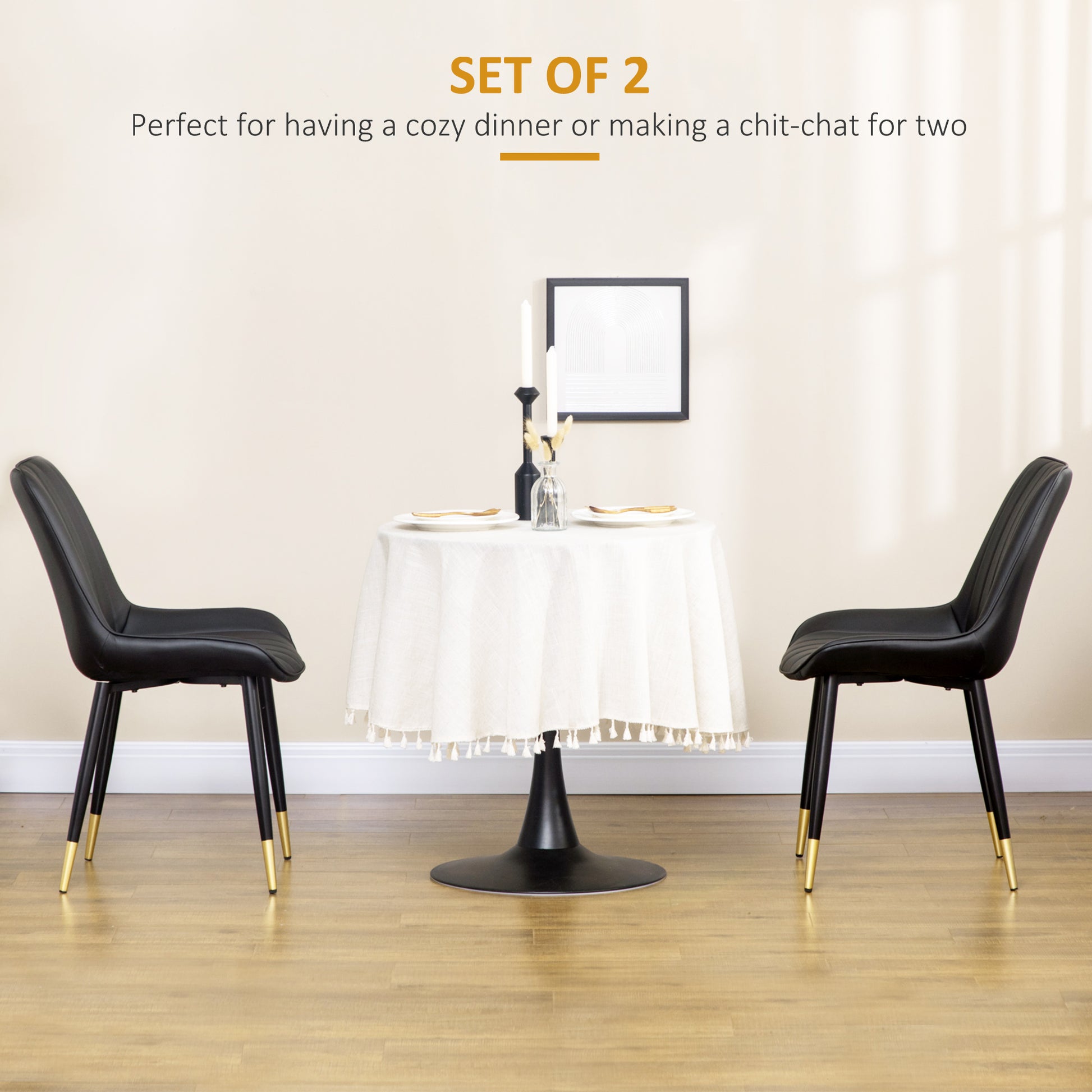 Dining Chairs Set of 2 - Modern PU Leather, Steel Legs, Black-DECOROLALA